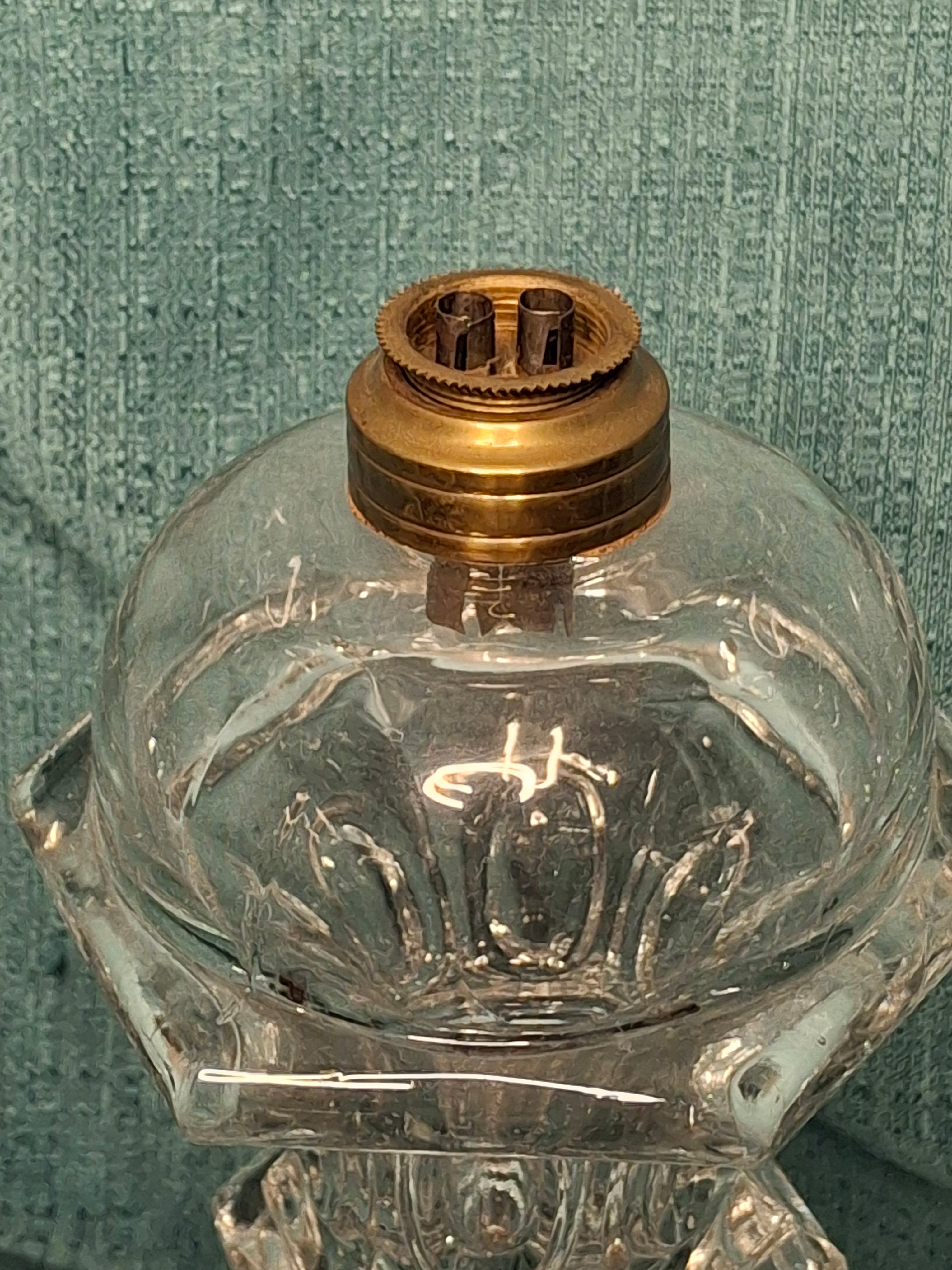 Antique 1840s Tall Sandwich Glass Double Whale Oil Burner Lamp - Clear Blown Font, Brass Fittings, Minor Base Chip - American Primitive Lighting