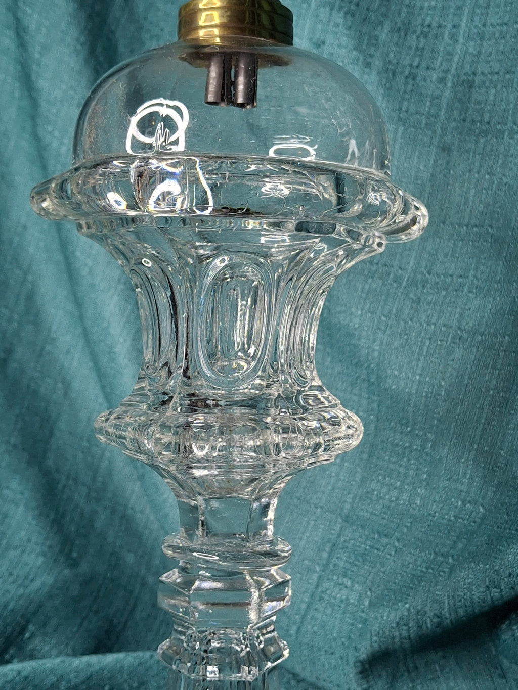 Antique 1840s Tall Sandwich Glass Double Whale Oil Burner Lamp - Clear Blown Font, Brass Fittings, Minor Base Chip - American Primitive Lighting