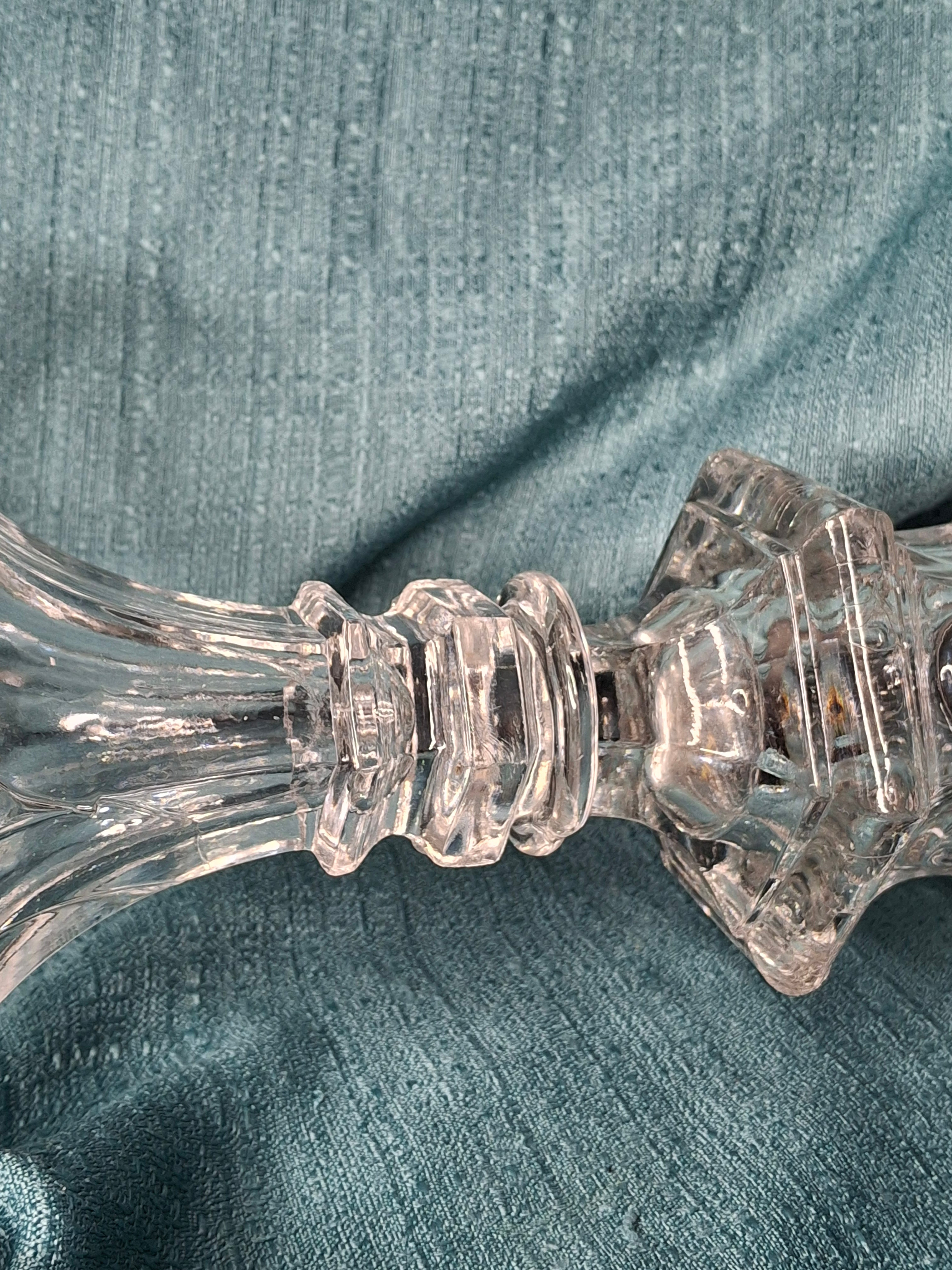 Antique 1840s Tall Sandwich Glass Double Whale Oil Burner Lamp - Clear Blown Font, Brass Fittings, Minor Base Chip - American Primitive Lighting