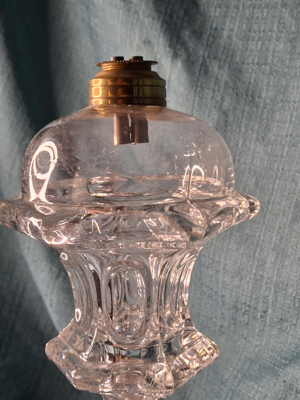 Antique 1840s Tall Sandwich Glass Double Whale Oil Burner Lamp - Clear Blown Font, Brass Fittings, Minor Base Chip - American Primitive Lighting