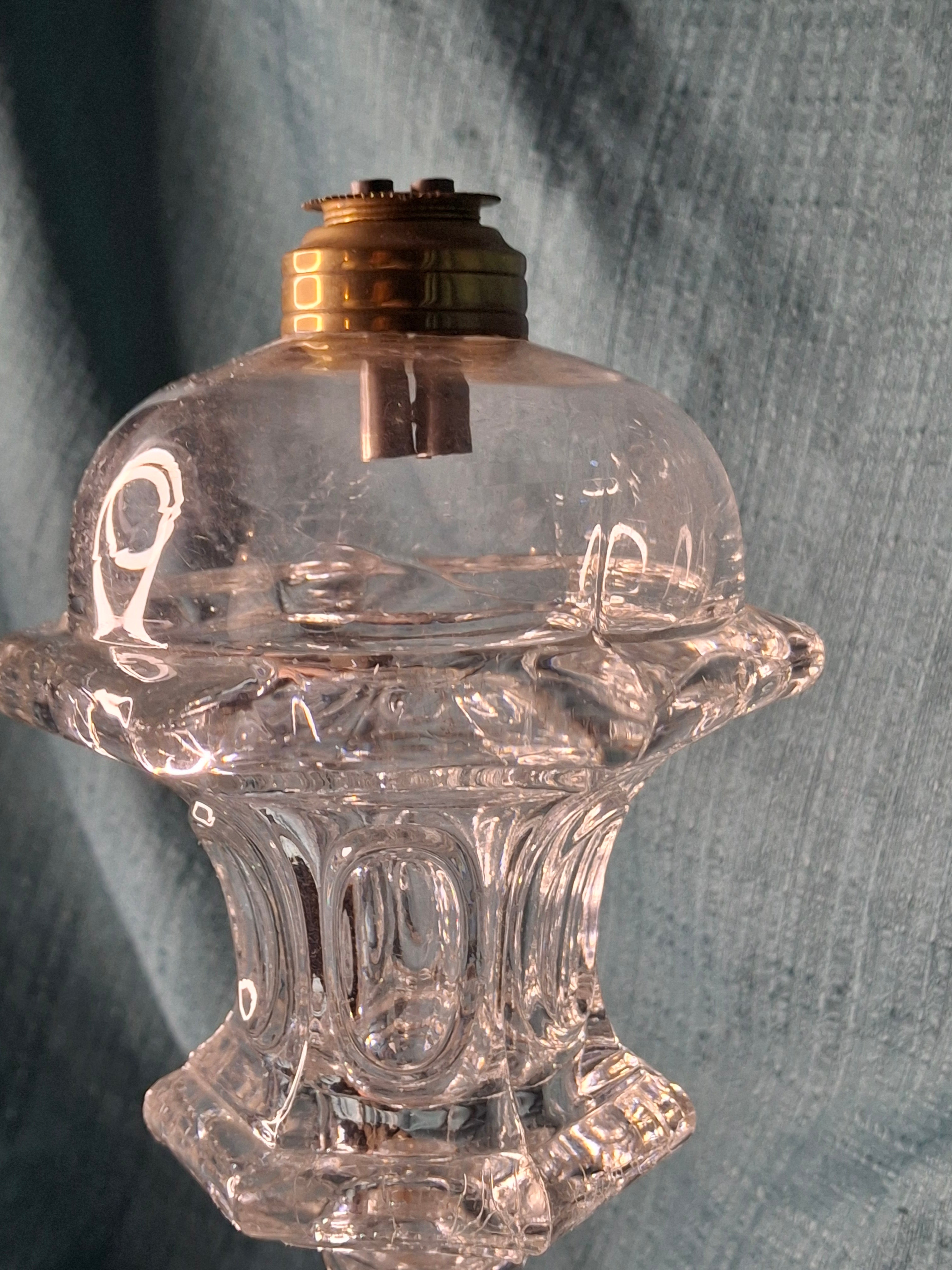 Antique 1840s Tall Sandwich Glass Double Whale Oil Burner Lamp - Clear Blown Font, Brass Fittings, Minor Base Chip - American Primitive Lighting