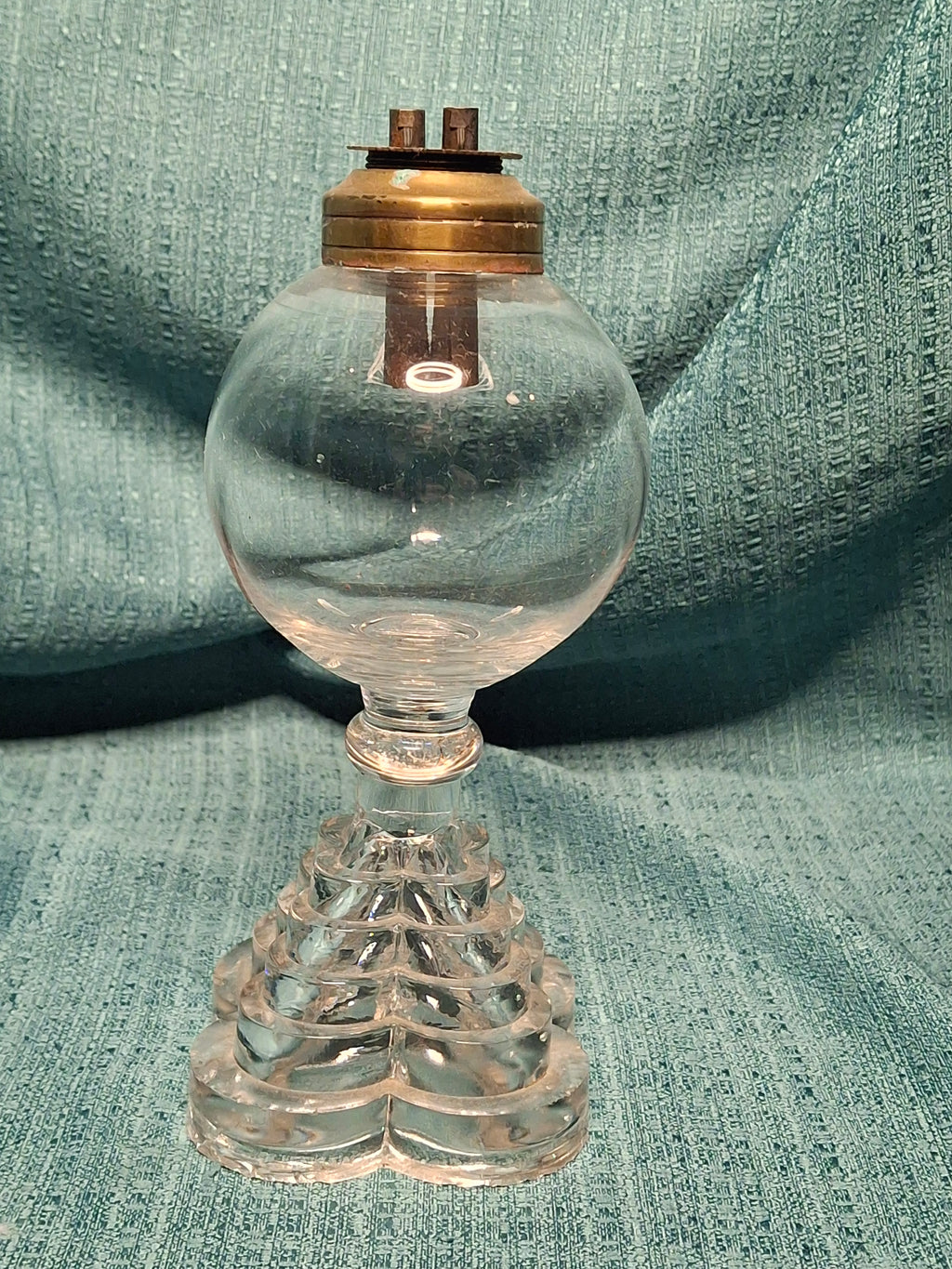 Antique Double Whale Oil Lamp with Stepped Glass Base, Circa 1840s – Original Burner, Early American Lighting