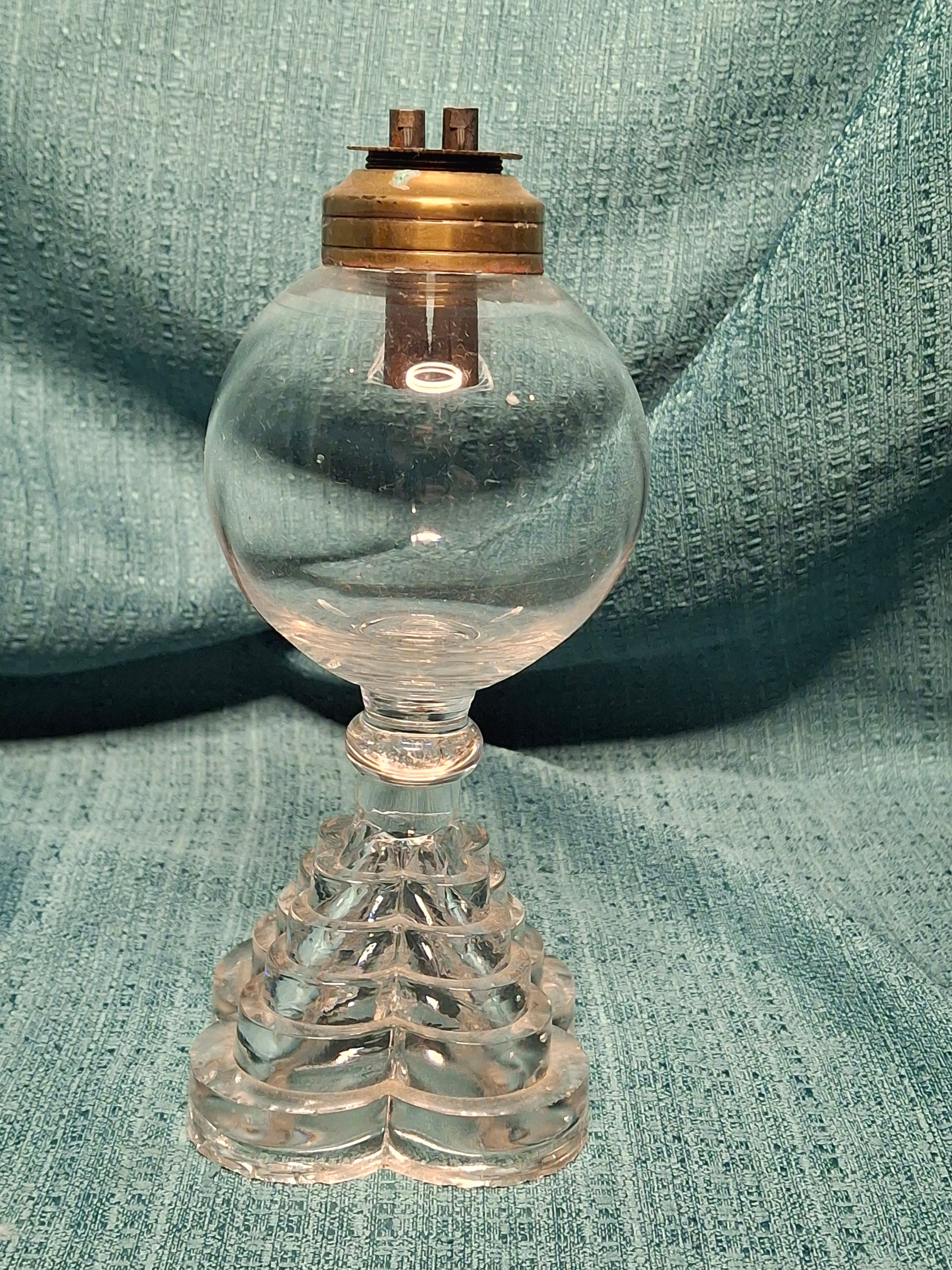 Antique Double Whale Oil Lamp with Stepped Glass Base, Circa 1840s – Original Burner, Early American Lighting