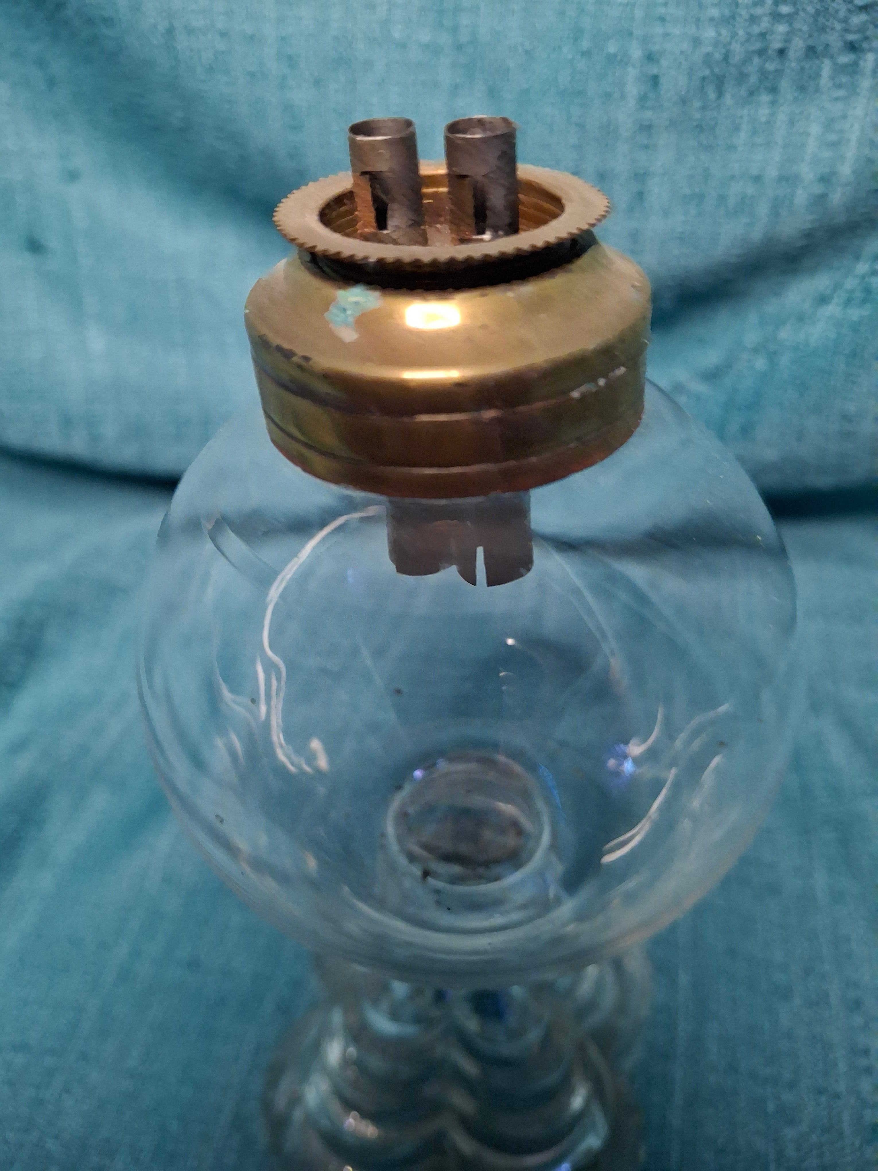 Antique Double Whale Oil Lamp with Stepped Glass Base, Circa 1840s – Original Burner, Early American Lighting