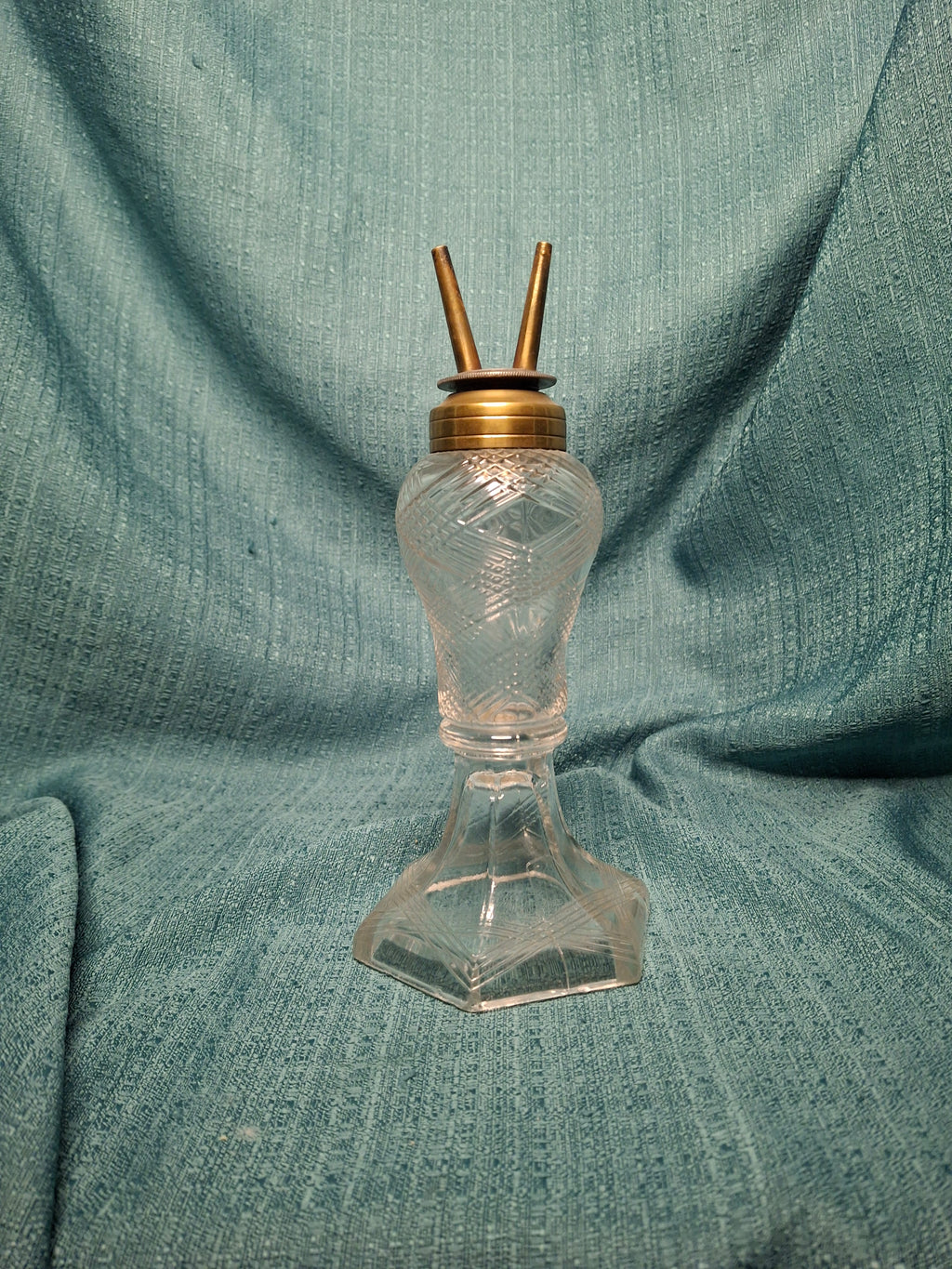 Antique 1850s All-Glass Double-Tube Burning Fluid Lamp, Six-Sided Lined Pattern Base & Font - No Caps, EAPG