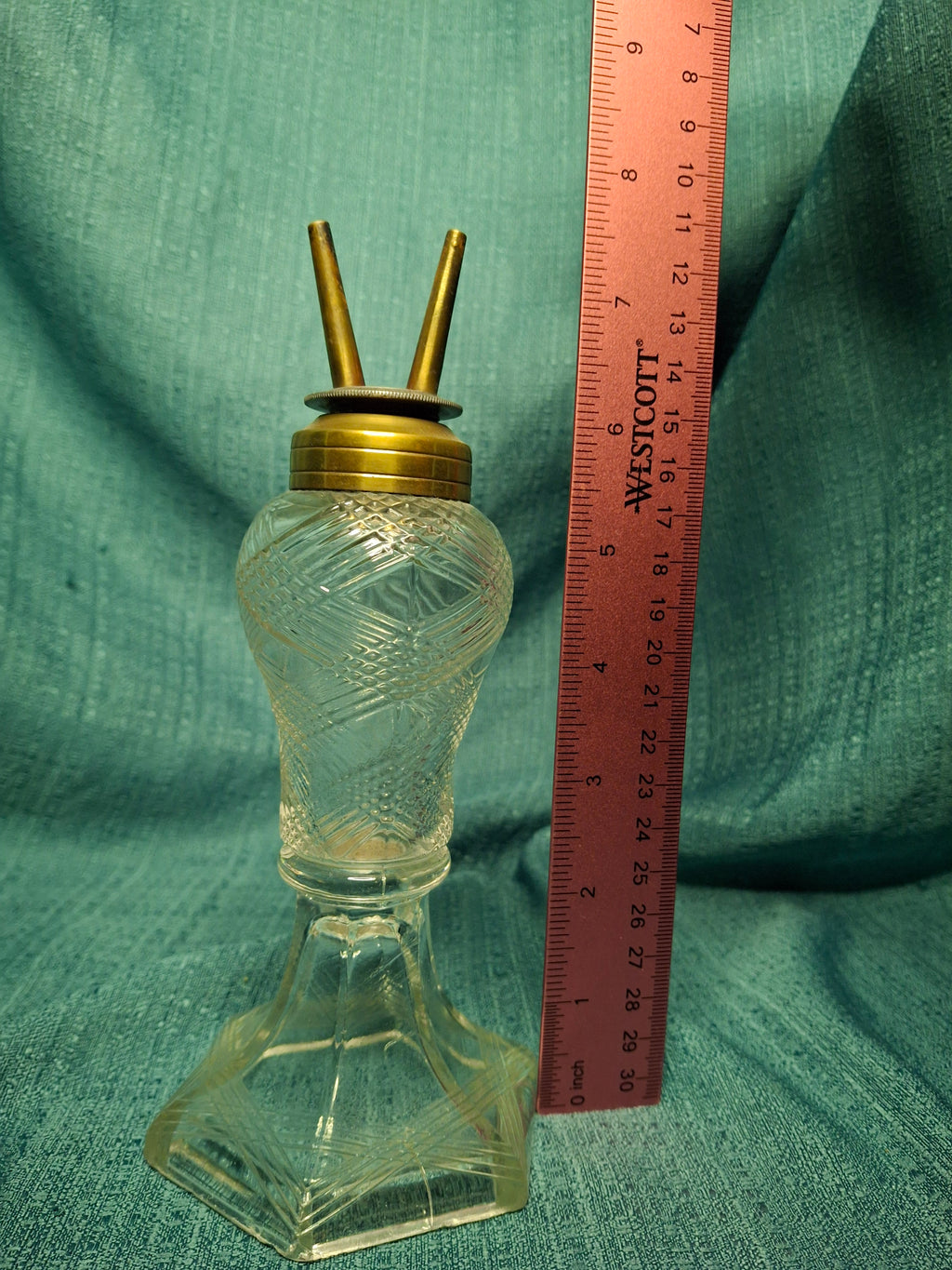 Antique 1850s All-Glass Double-Tube Burning Fluid Lamp, Six-Sided Lined Pattern Base & Font - No Caps, EAPG