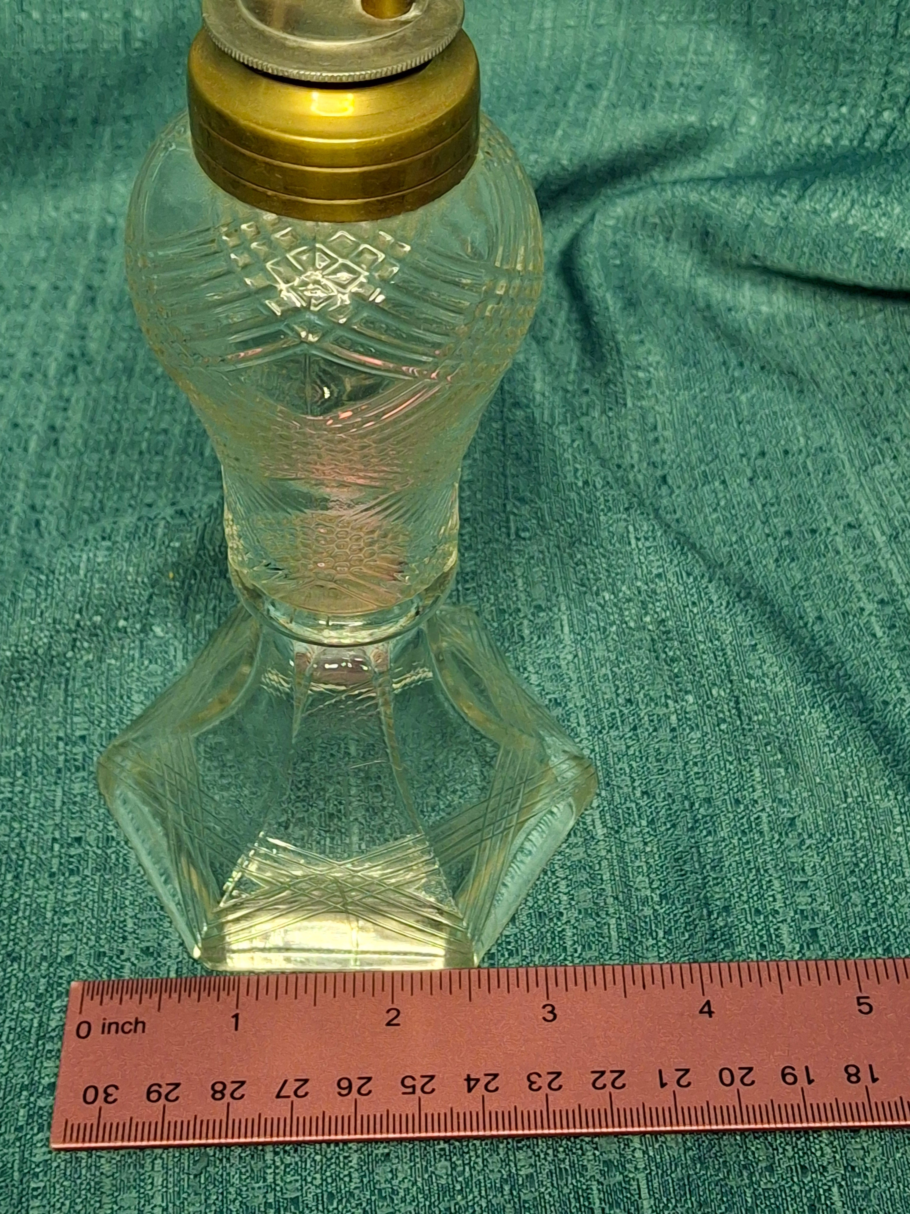 Antique 1850s All-Glass Double-Tube Burning Fluid Lamp, Six-Sided Lined Pattern Base & Font - No Caps, EAPG