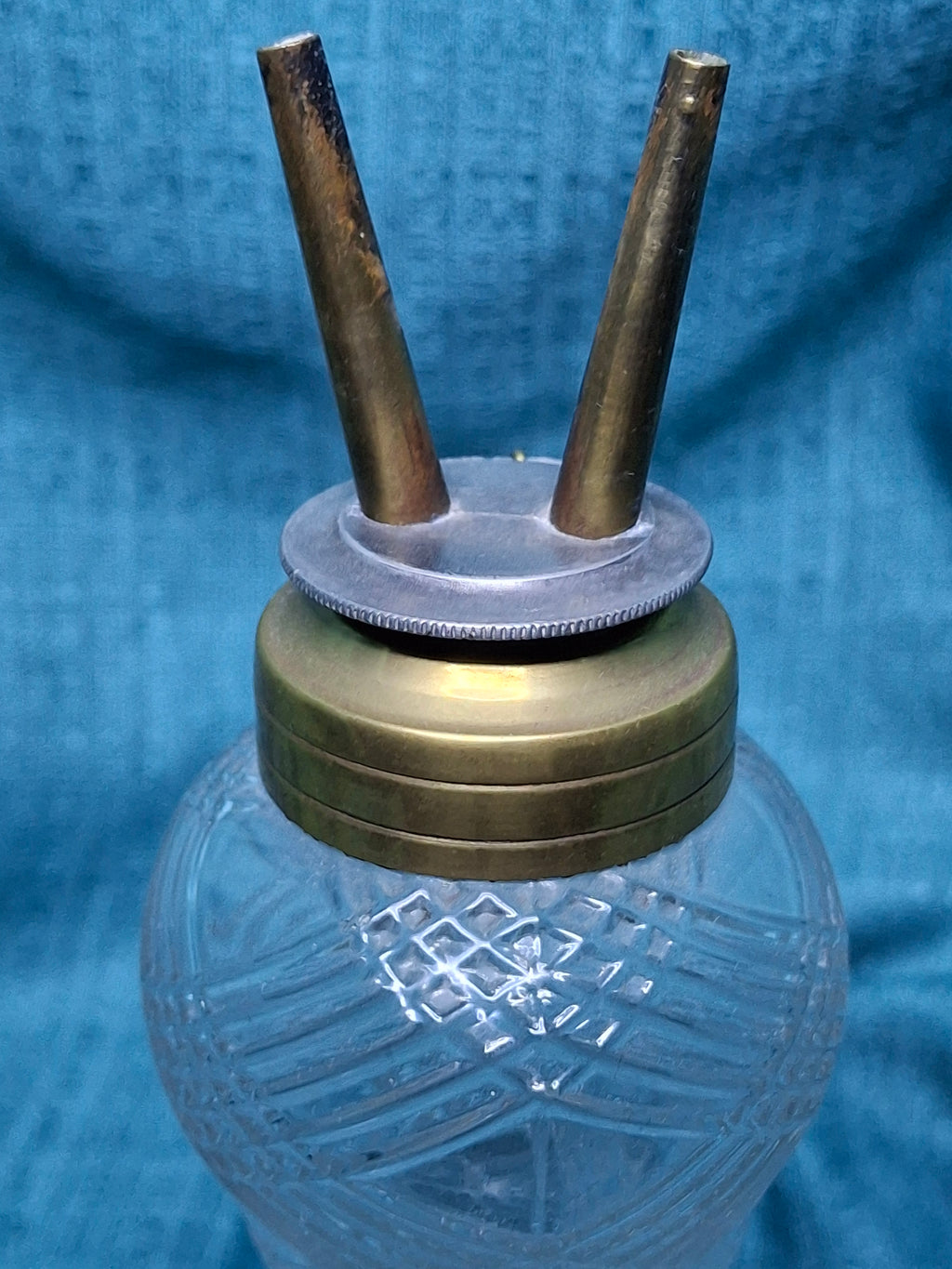 Antique 1850s All-Glass Double-Tube Burning Fluid Lamp, Six-Sided Lined Pattern Base & Font - No Caps, EAPG