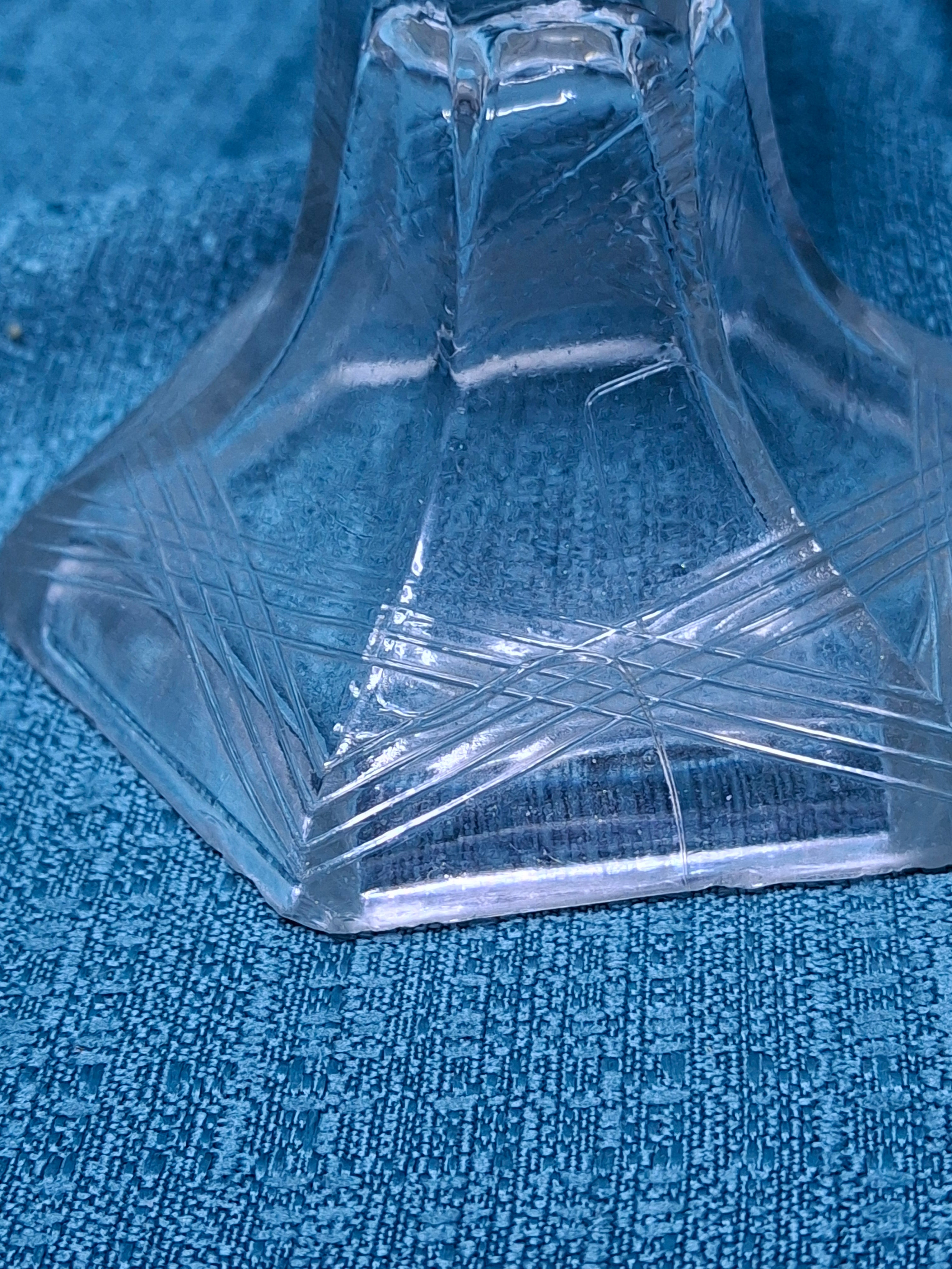 Antique 1850s All-Glass Double-Tube Burning Fluid Lamp, Six-Sided Lined Pattern Base & Font - No Caps, EAPG