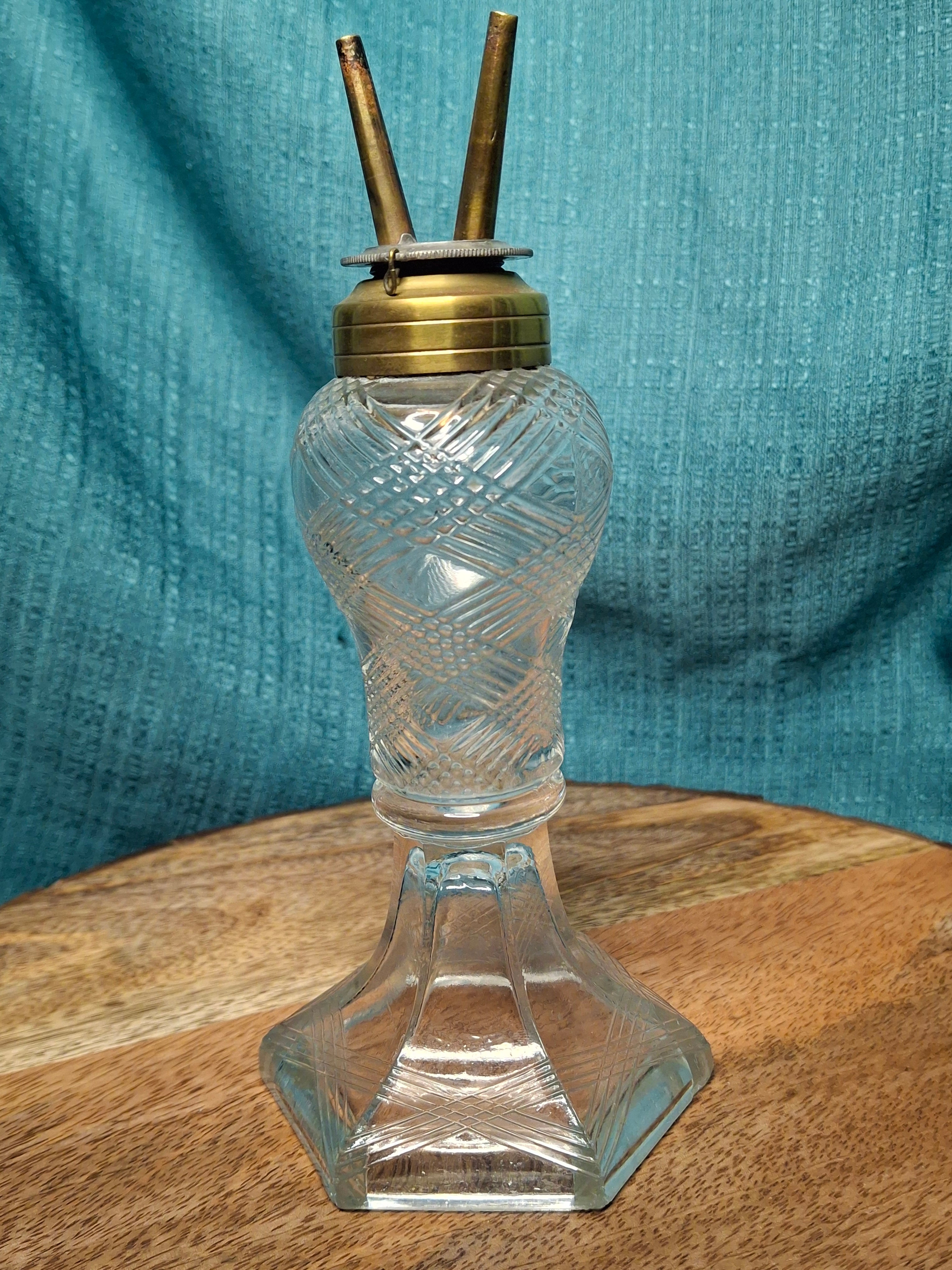 Antique 1850s All-Glass Double-Tube Burning Fluid Lamp, Six-Sided Lined Pattern Base & Font - No Caps, EAPG