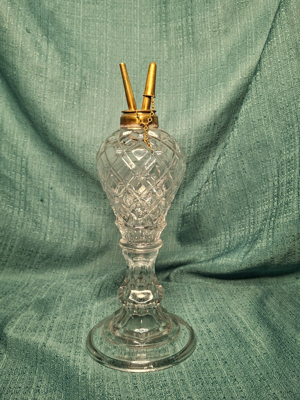 Antique Mid-19th Century Diamond-Cut Glass Oil Lamp with Double-Tube Burner, One Snuff Cap Missing, c. 1850s
