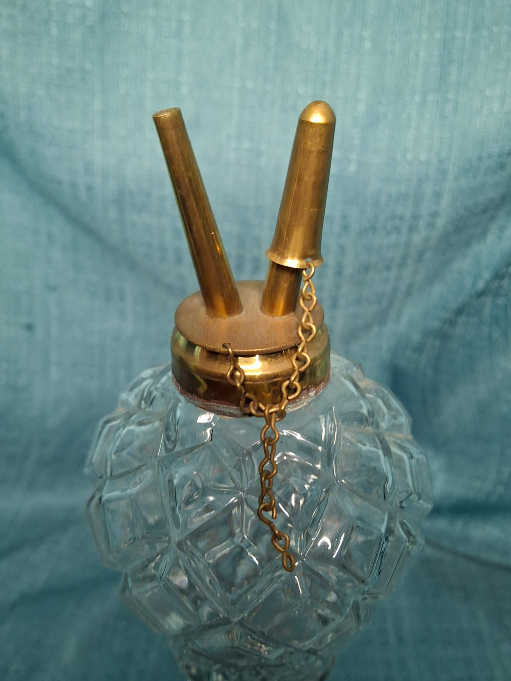 Antique Mid-19th Century Diamond-Cut Glass Oil Lamp with Double-Tube Burner, One Snuff Cap Missing, c. 1850s