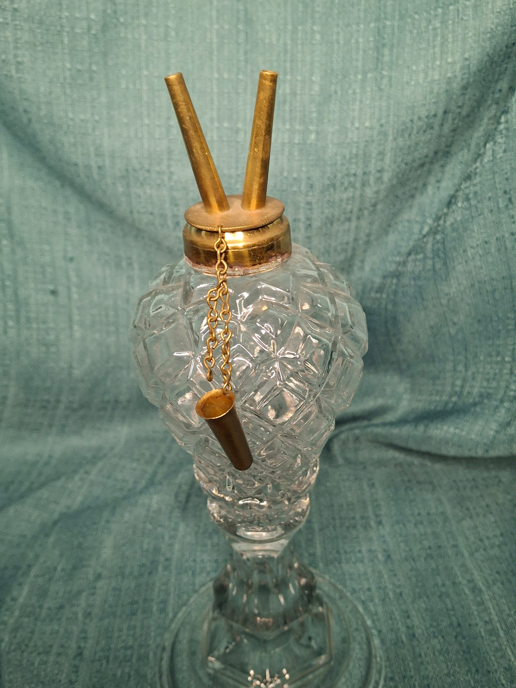 Antique Mid-19th Century Diamond-Cut Glass Oil Lamp with Double-Tube Burner, One Snuff Cap Missing, c. 1850s