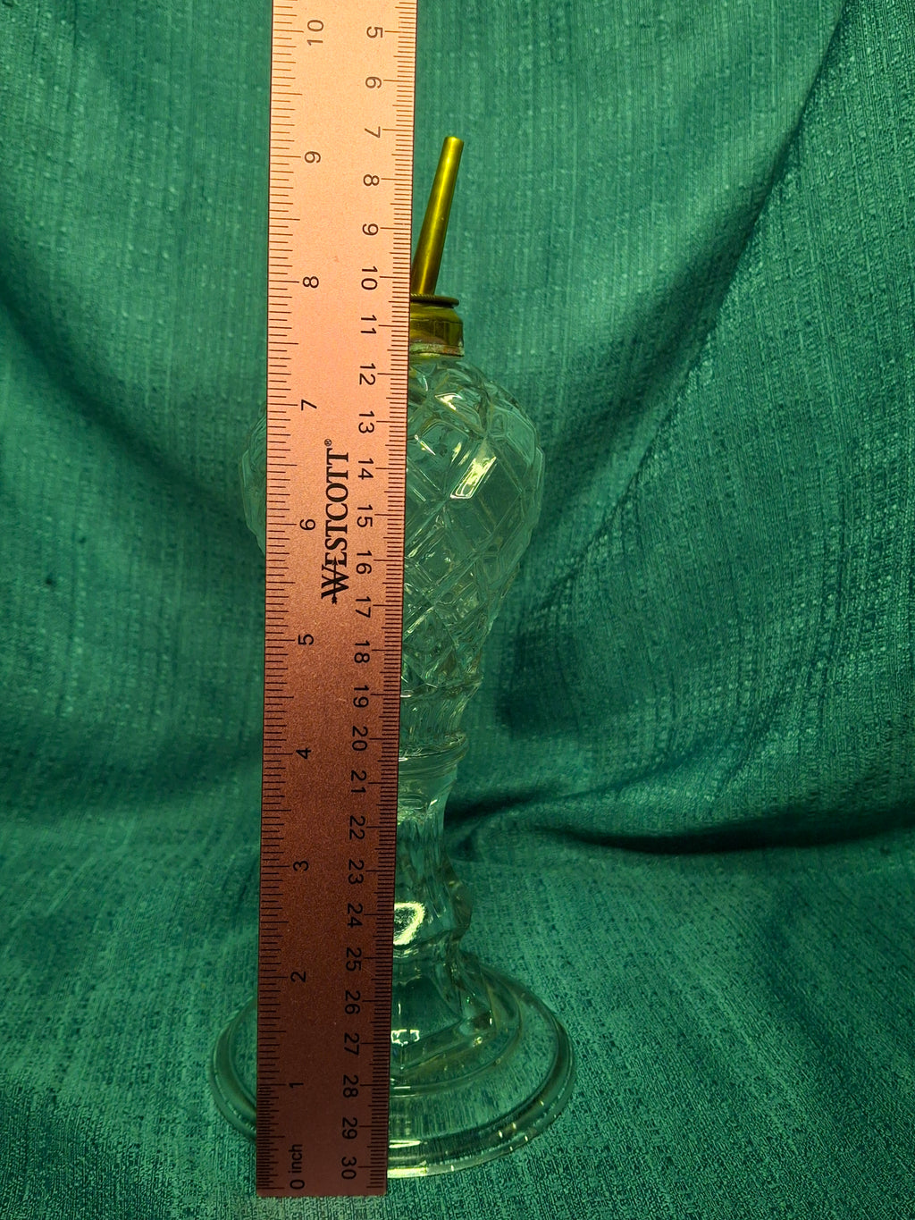 Antique Mid-19th Century Diamond-Cut Glass Oil Lamp with Double-Tube Burner, One Snuff Cap Missing, c. 1850s