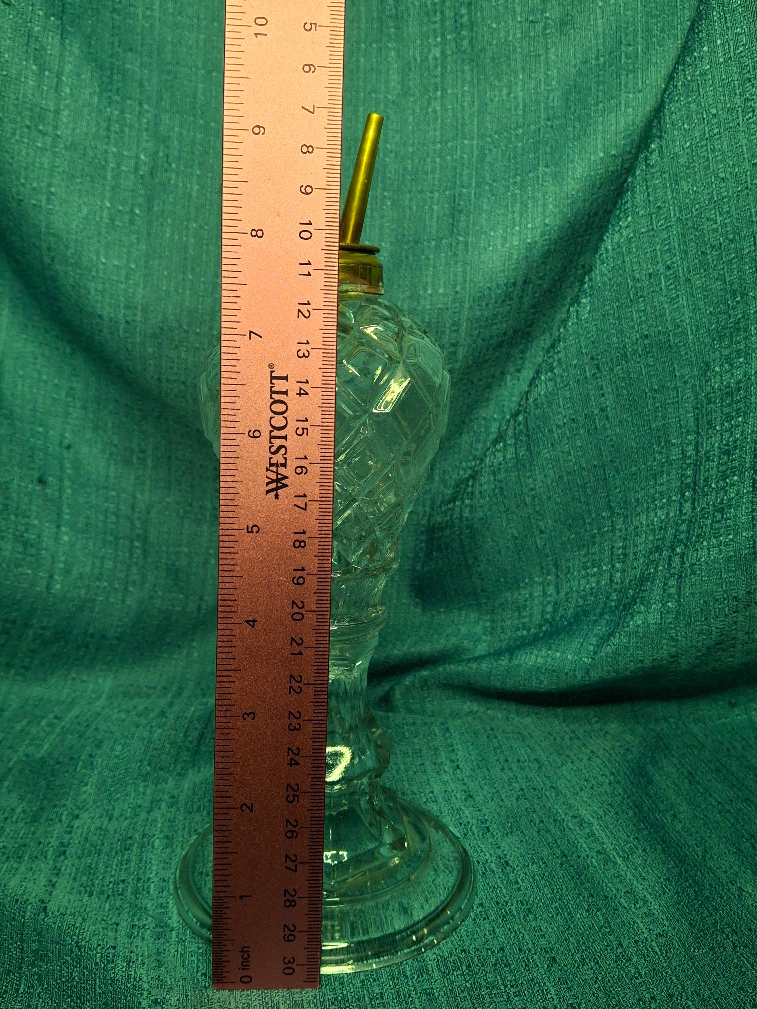 Antique Mid-19th Century Diamond-Cut Glass Oil Lamp with Double-Tube Burner, One Snuff Cap Missing, c. 1850s