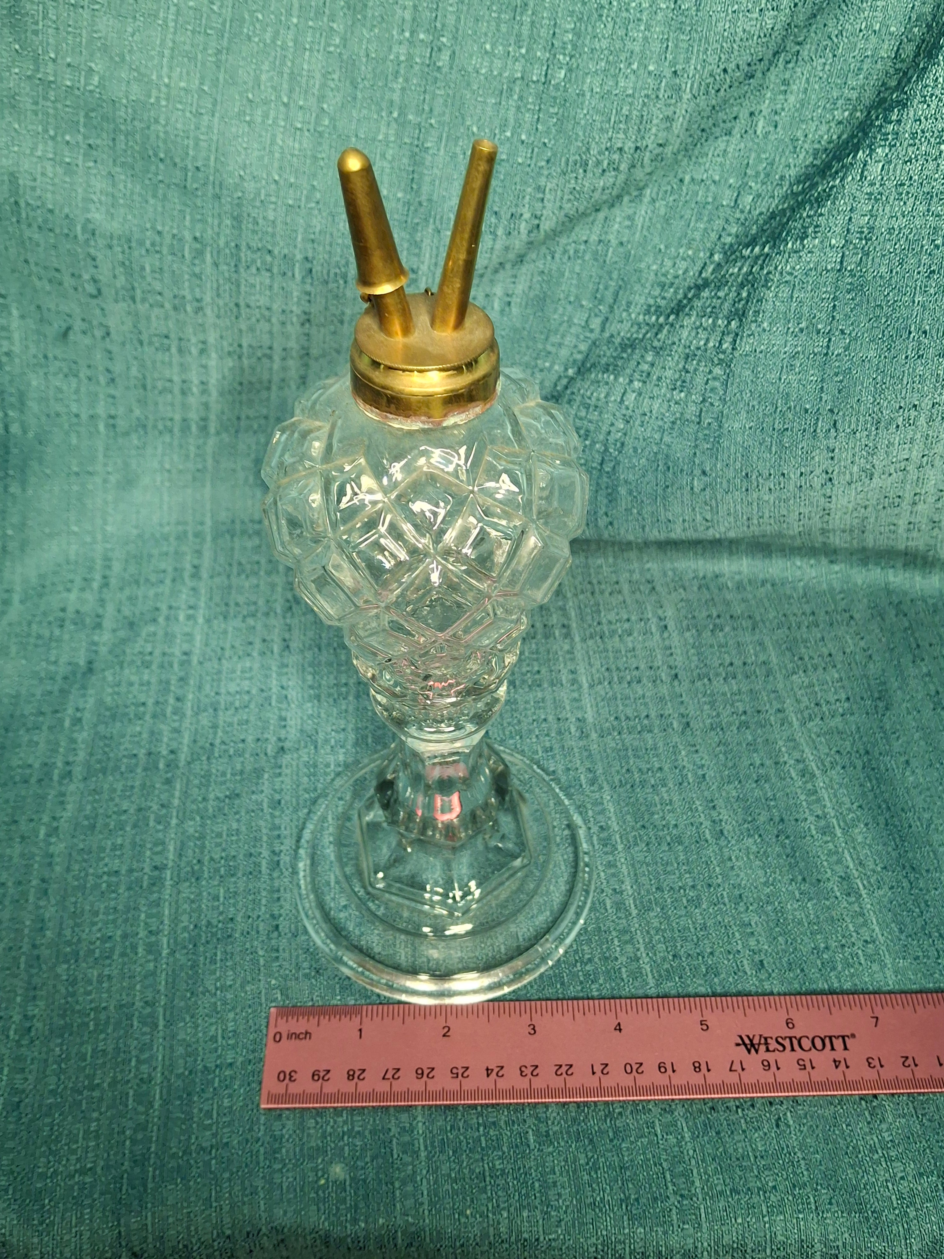 Antique Mid-19th Century Diamond-Cut Glass Oil Lamp with Double-Tube Burner, One Snuff Cap Missing, c. 1850s