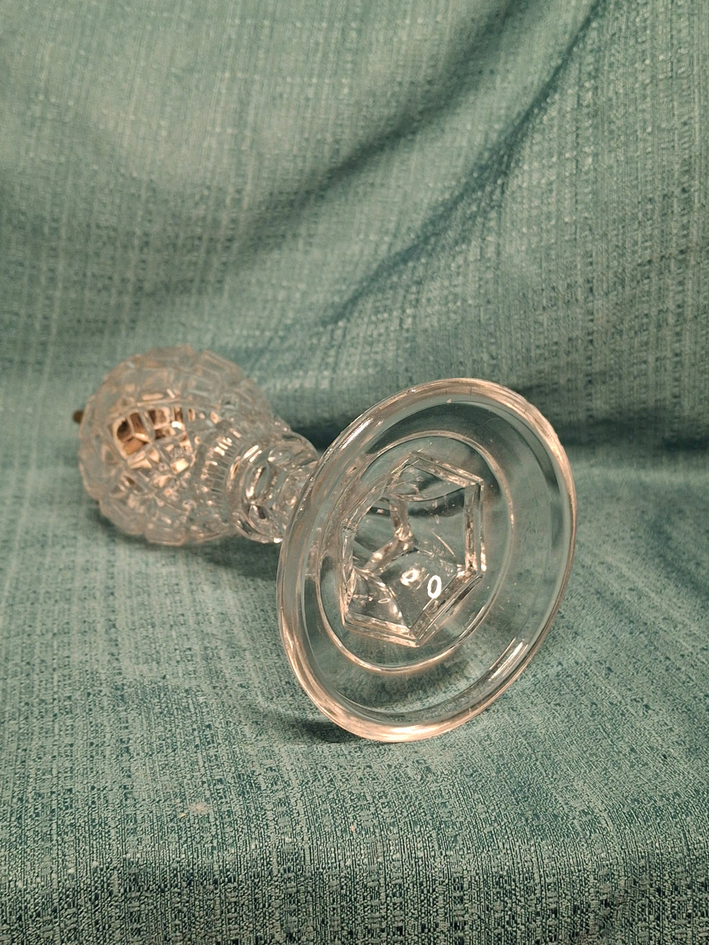 Antique Mid-19th Century Diamond-Cut Glass Oil Lamp with Double-Tube Burner, One Snuff Cap Missing, c. 1850s