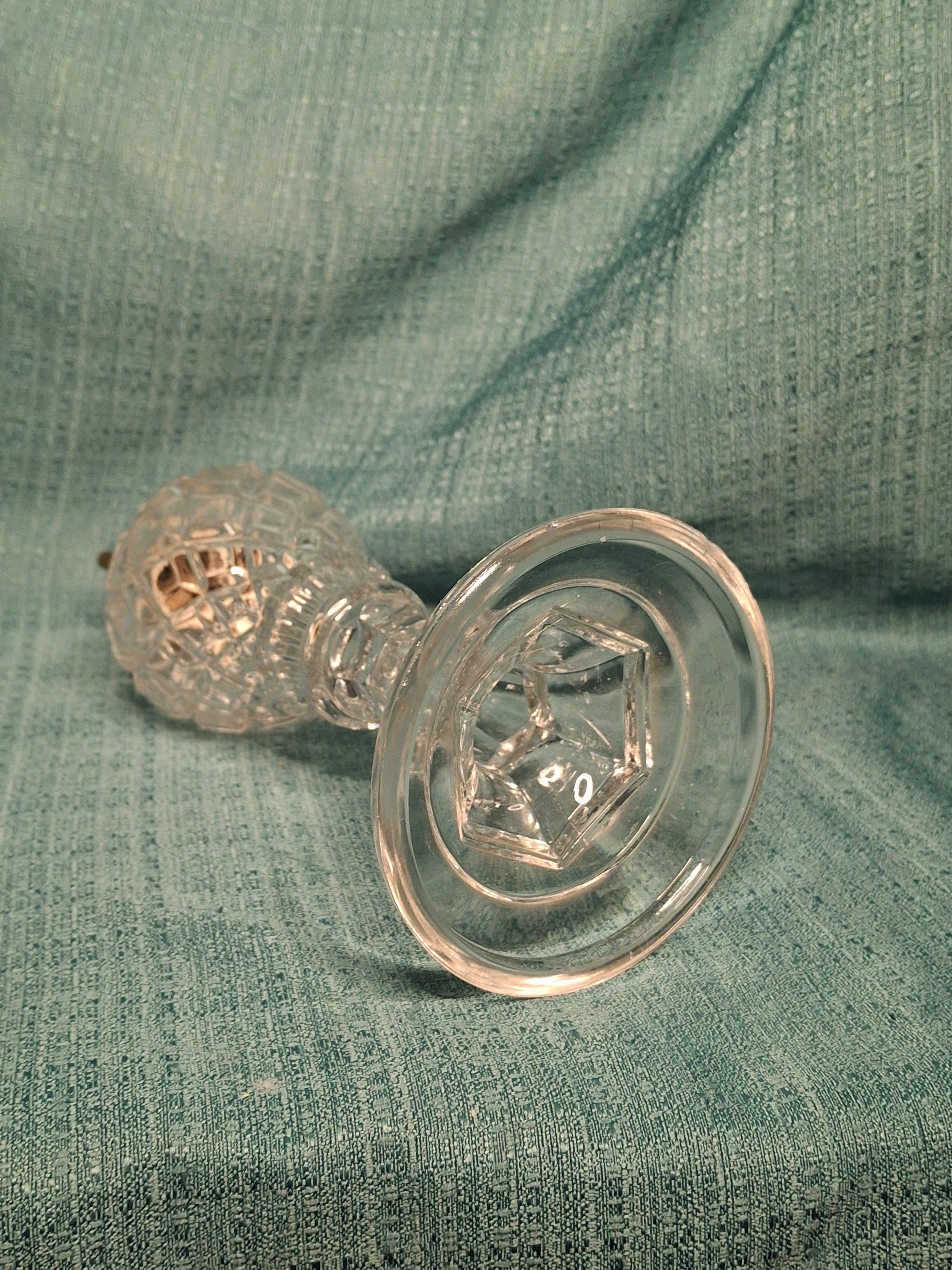 Antique Mid-19th Century Diamond-Cut Glass Oil Lamp with Double-Tube Burner, One Snuff Cap Missing, c. 1850s