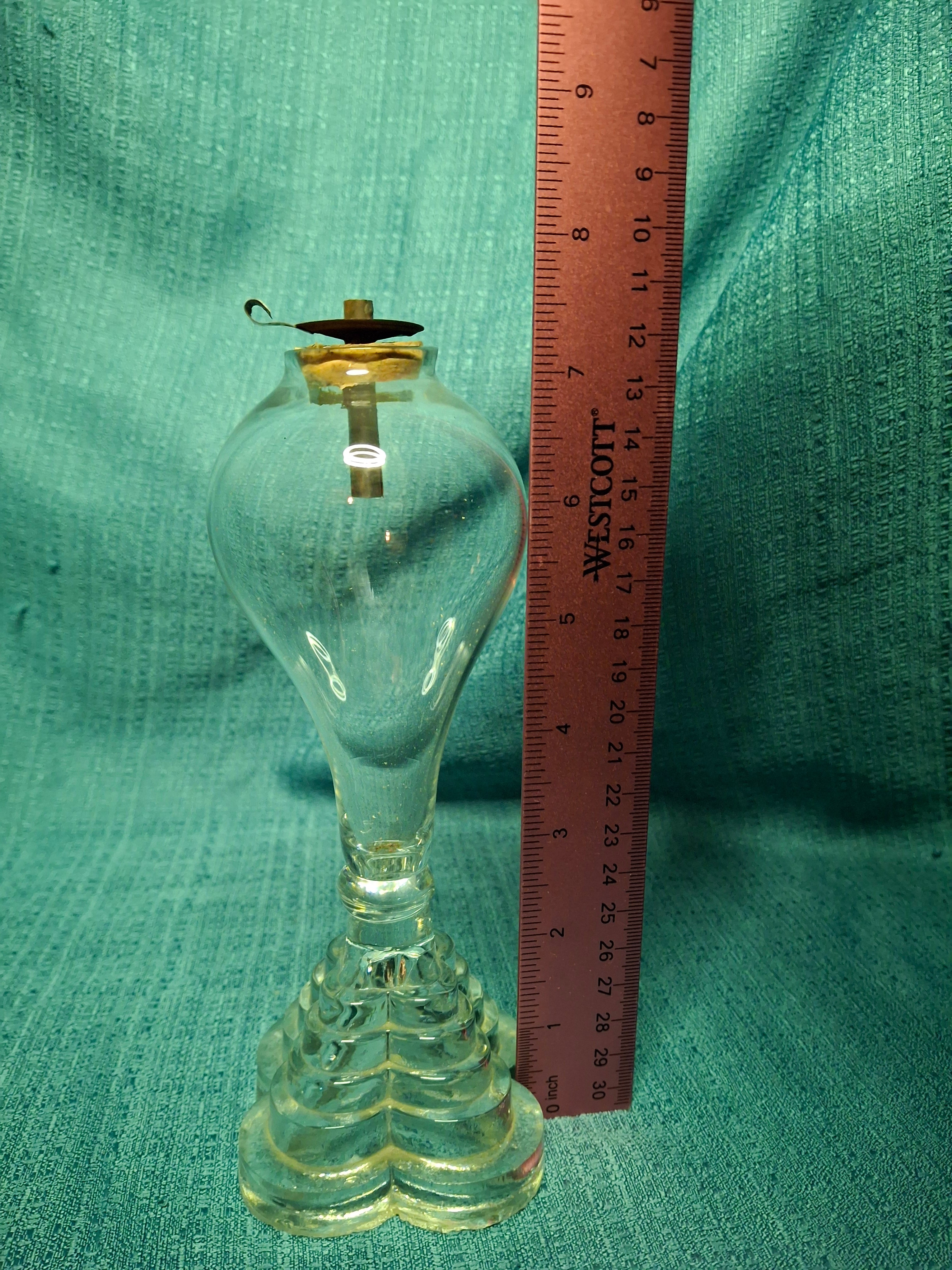 Antique 1820s American Blown Glass Whale Oil Lamp - Bulb-Shaped Font, Stepped Base, Single Tube Cork Burner - Early Sandwich Style