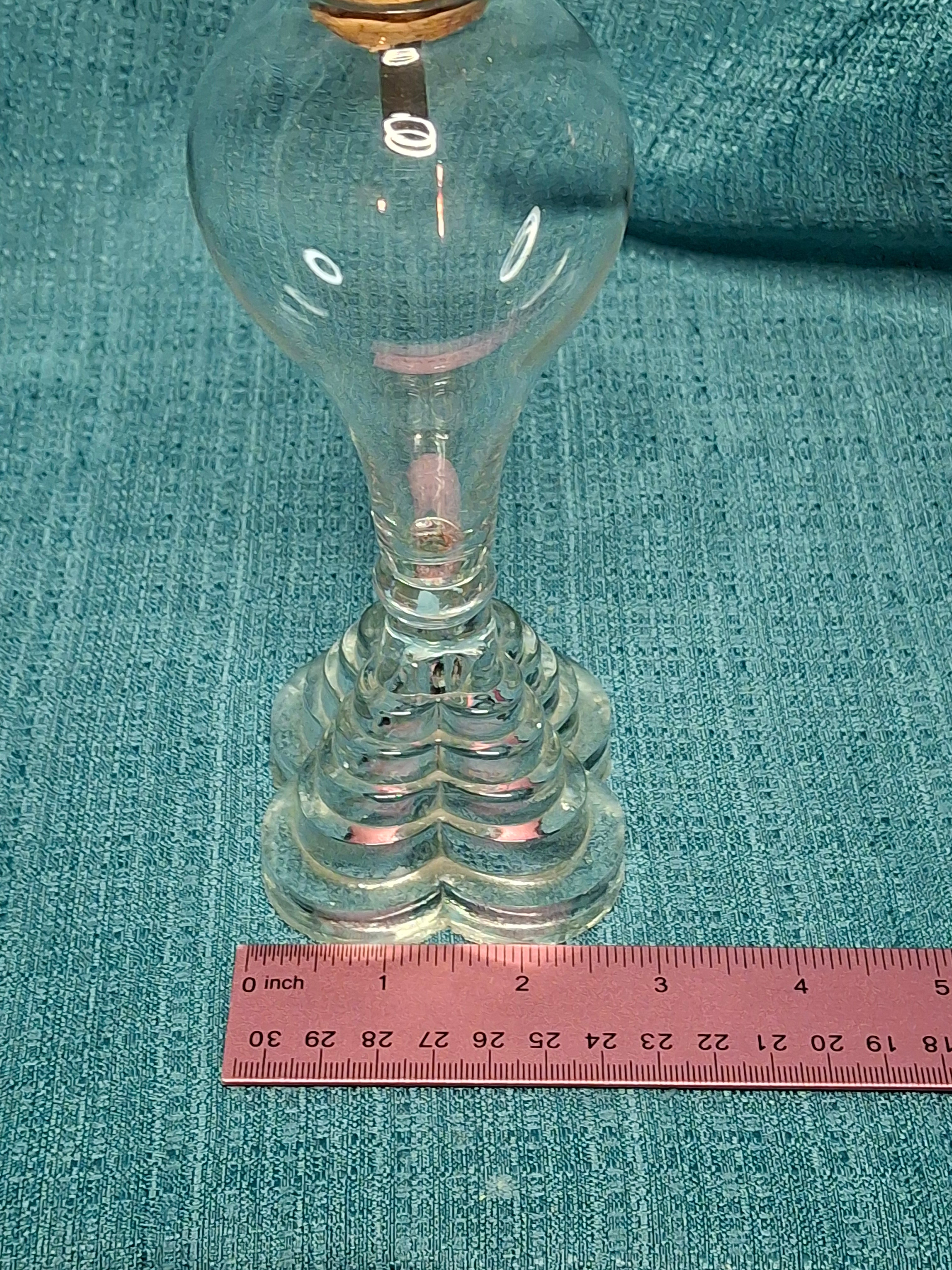 Antique 1820s American Blown Glass Whale Oil Lamp - Bulb-Shaped Font, Stepped Base, Single Tube Cork Burner - Early Sandwich Style