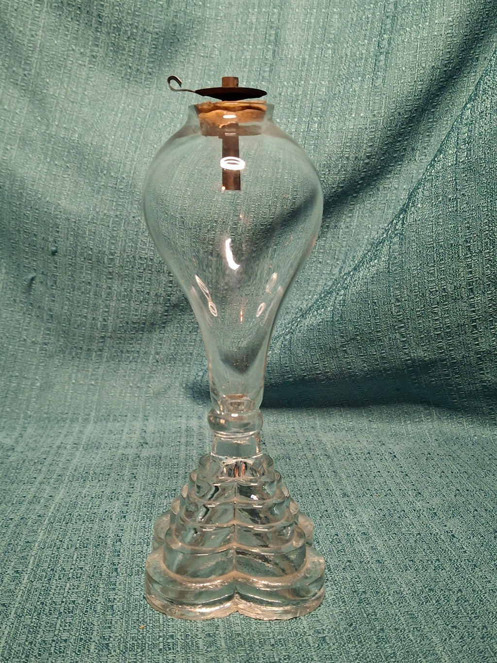 Antique 1820s American Blown Glass Whale Oil Lamp - Bulb-Shaped Font, Stepped Base, Single Tube Cork Burner - Early Sandwich Style