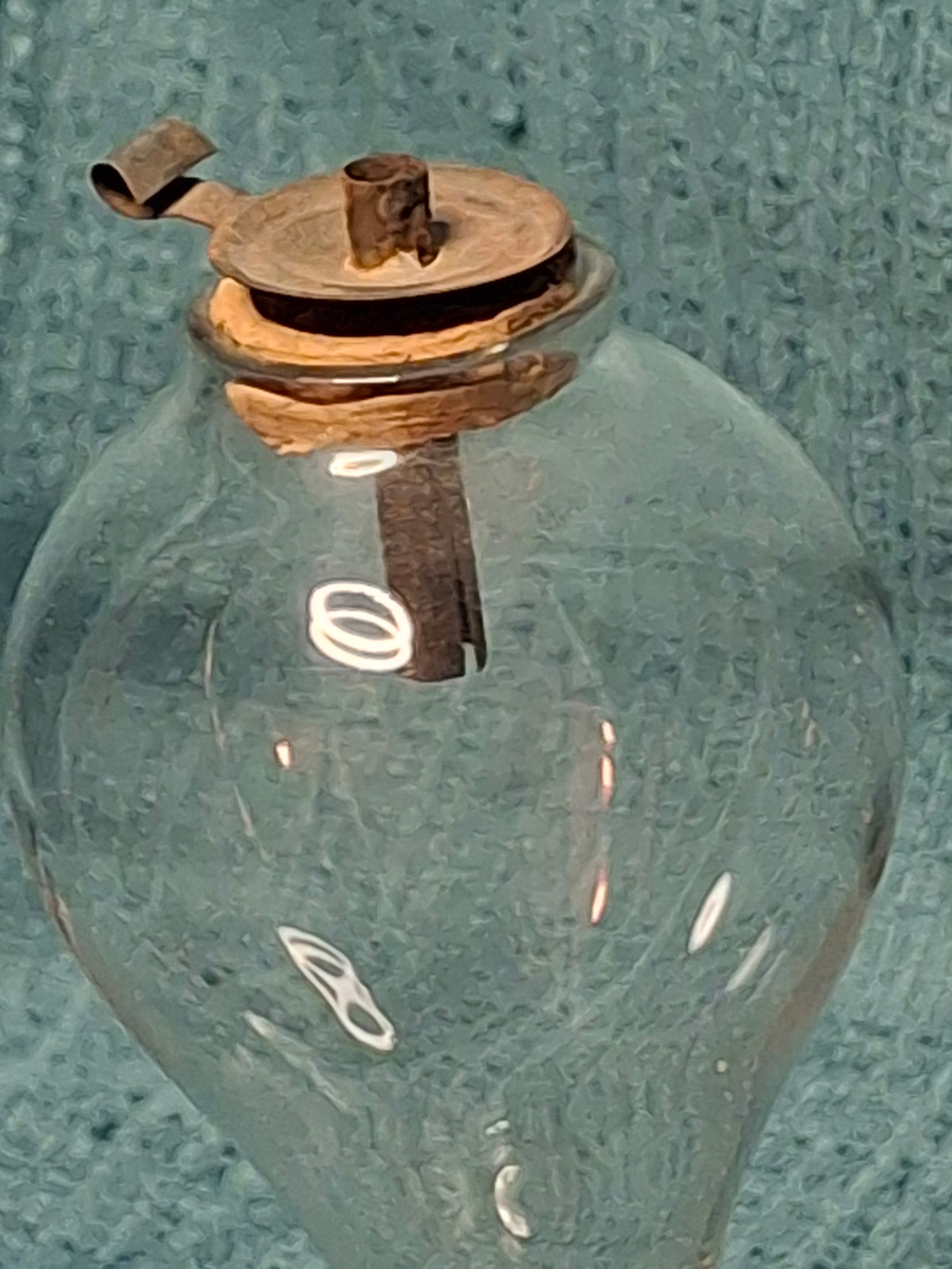Antique 1820s American Blown Glass Whale Oil Lamp - Bulb-Shaped Font, Stepped Base, Single Tube Cork Burner - Early Sandwich Style