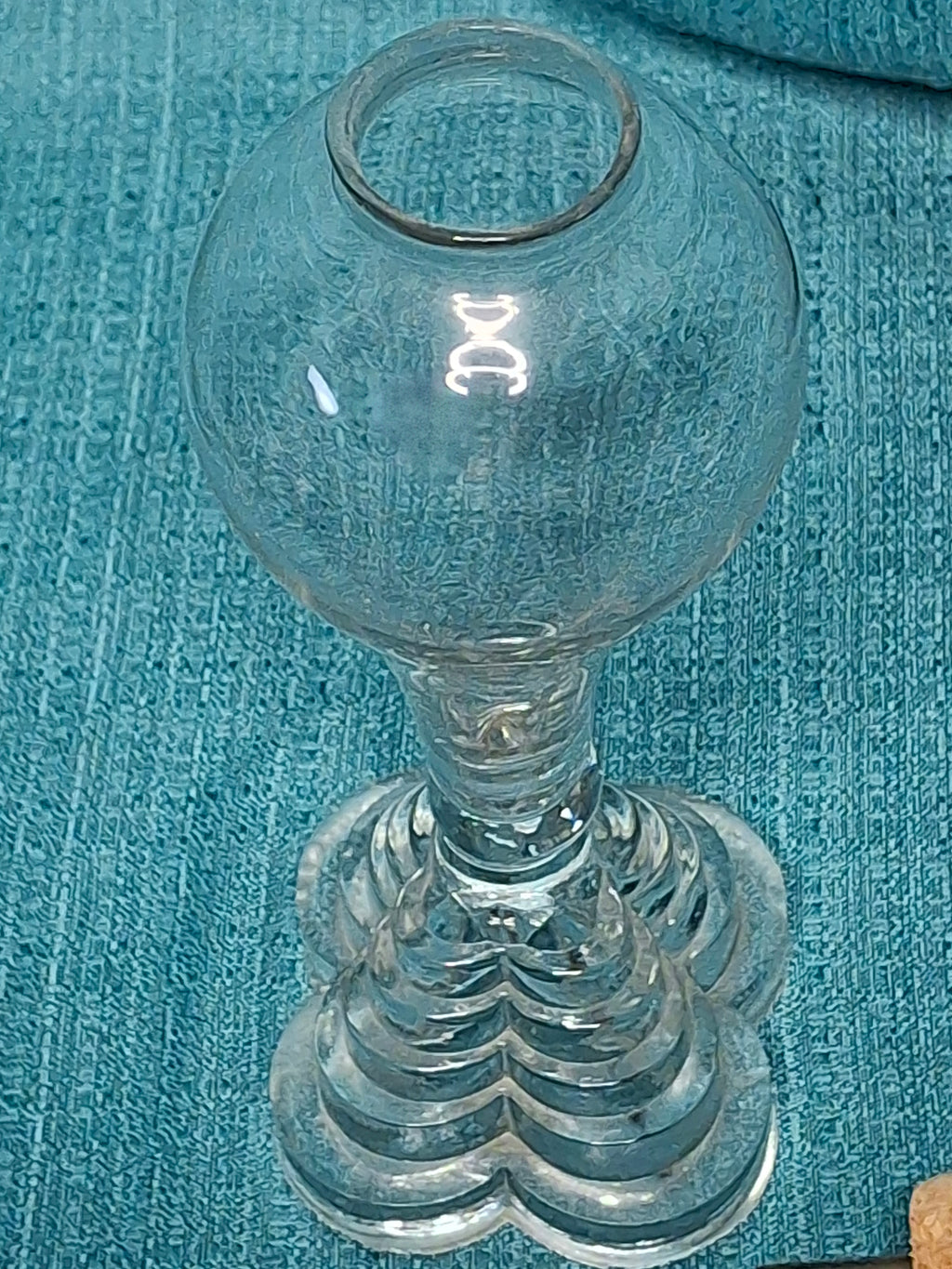 Antique 1820s American Blown Glass Whale Oil Lamp - Bulb-Shaped Font, Stepped Base, Single Tube Cork Burner - Early Sandwich Style
