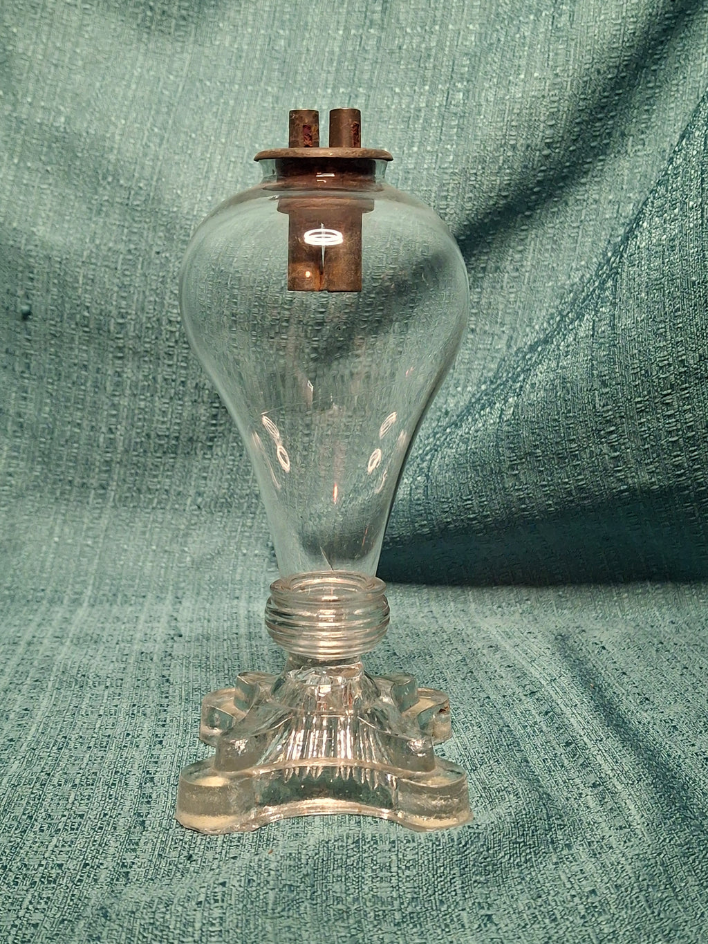 Antique 1830s American Bulb-Shaped Glass Whale Oil Lamp with Double Cork Tube Burner, Patent - Early 19th Century Lighting