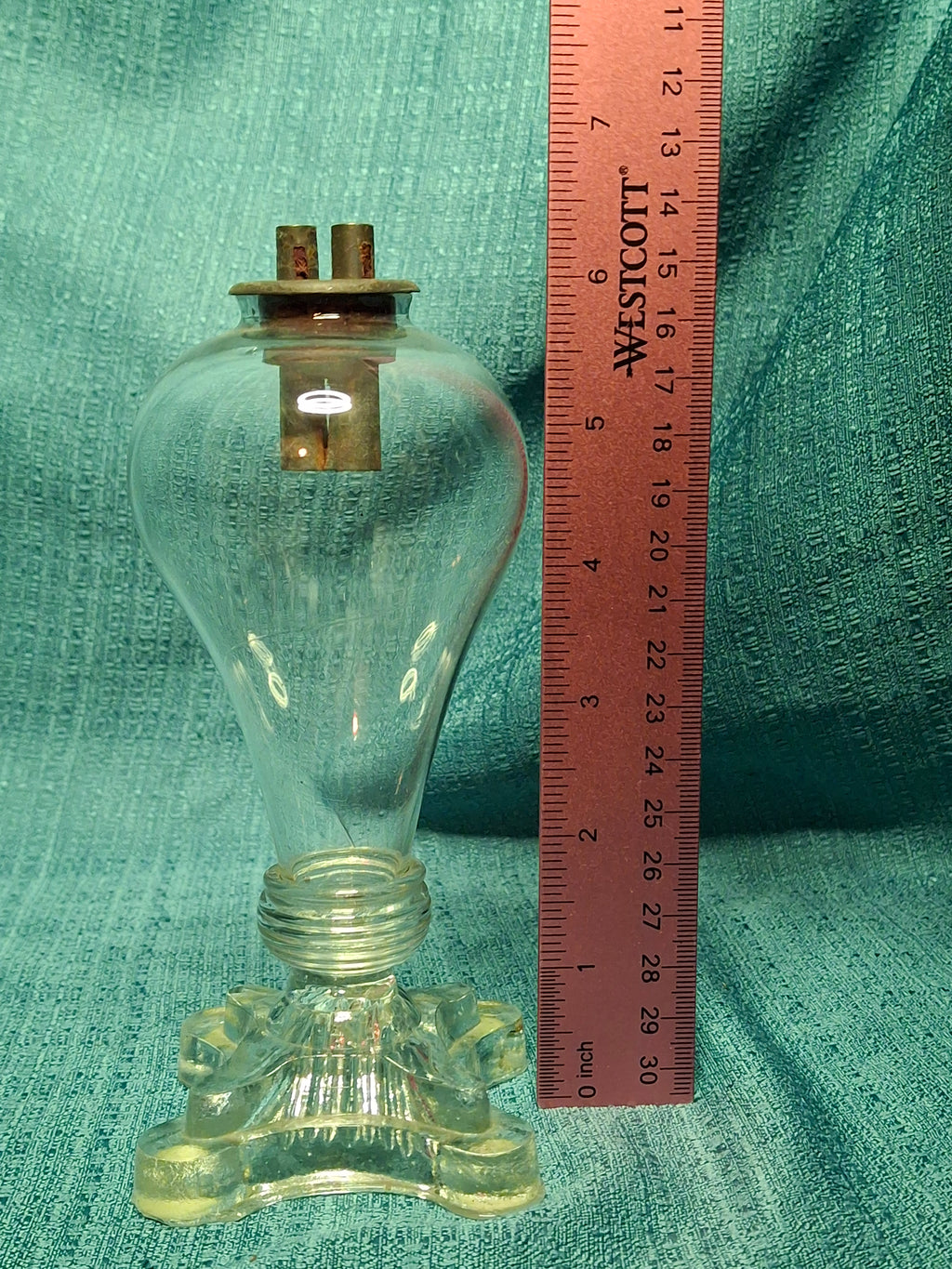 Antique 1830s American Bulb-Shaped Glass Whale Oil Lamp with Double Cork Tube Burner, Patent - Early 19th Century Lighting