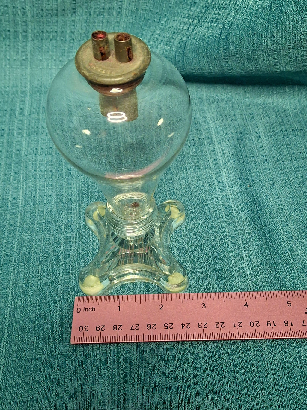 Antique 1830s American Bulb-Shaped Glass Whale Oil Lamp with Double Cork Tube Burner, Patent - Early 19th Century Lighting