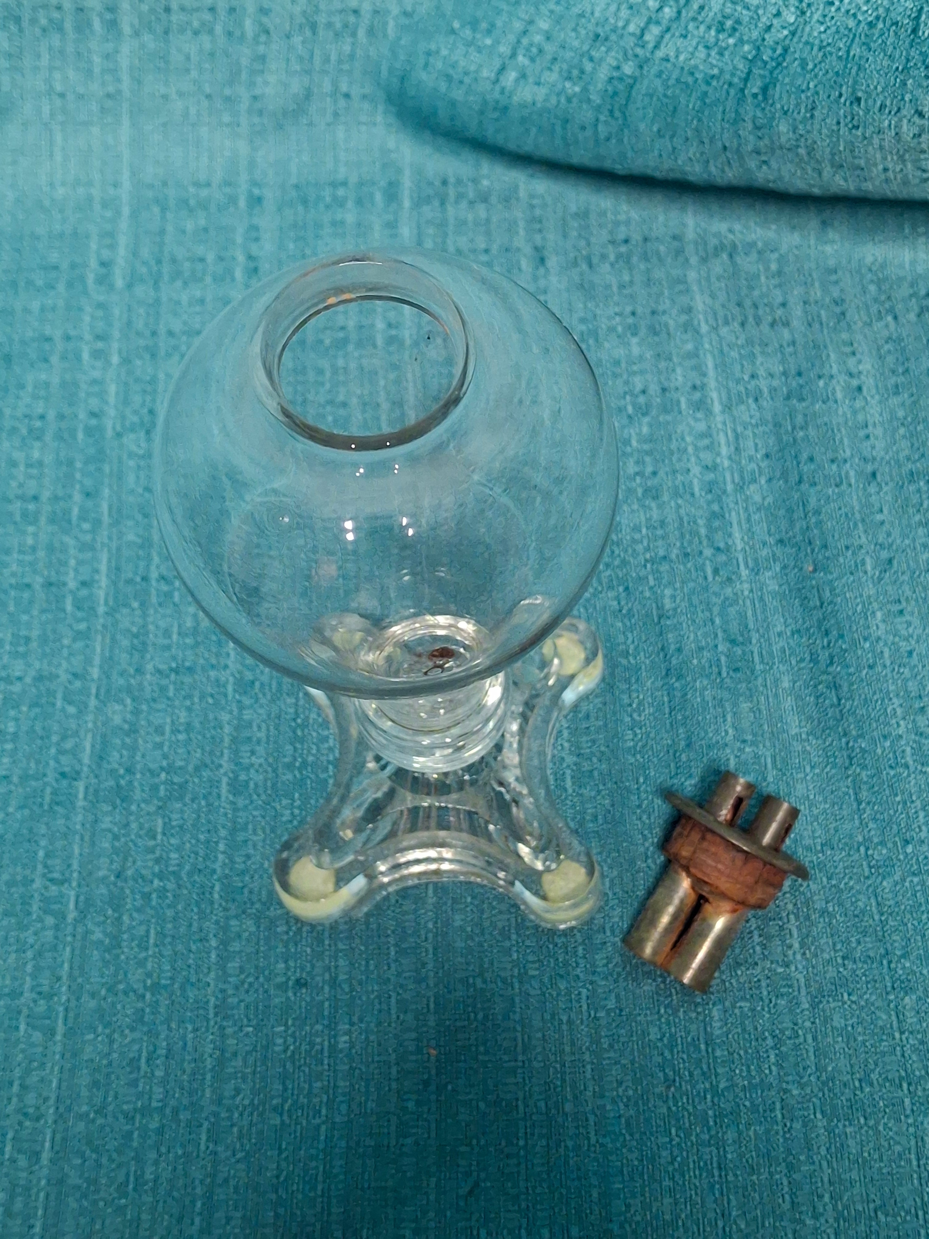 Antique 1830s American Bulb-Shaped Glass Whale Oil Lamp with Double Cork Tube Burner, Patent - Early 19th Century Lighting