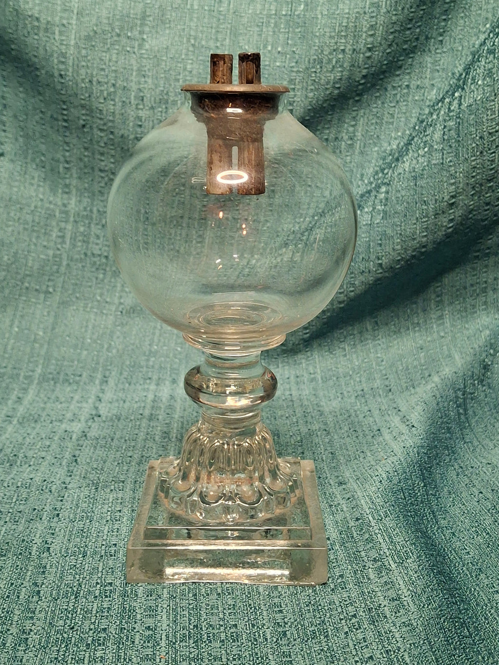 Antique Early 19th Century Double Whale Oil Lamp with Cork Burner - Round Blown Glass Font, Square Pressed Base, Circa 1800–1835