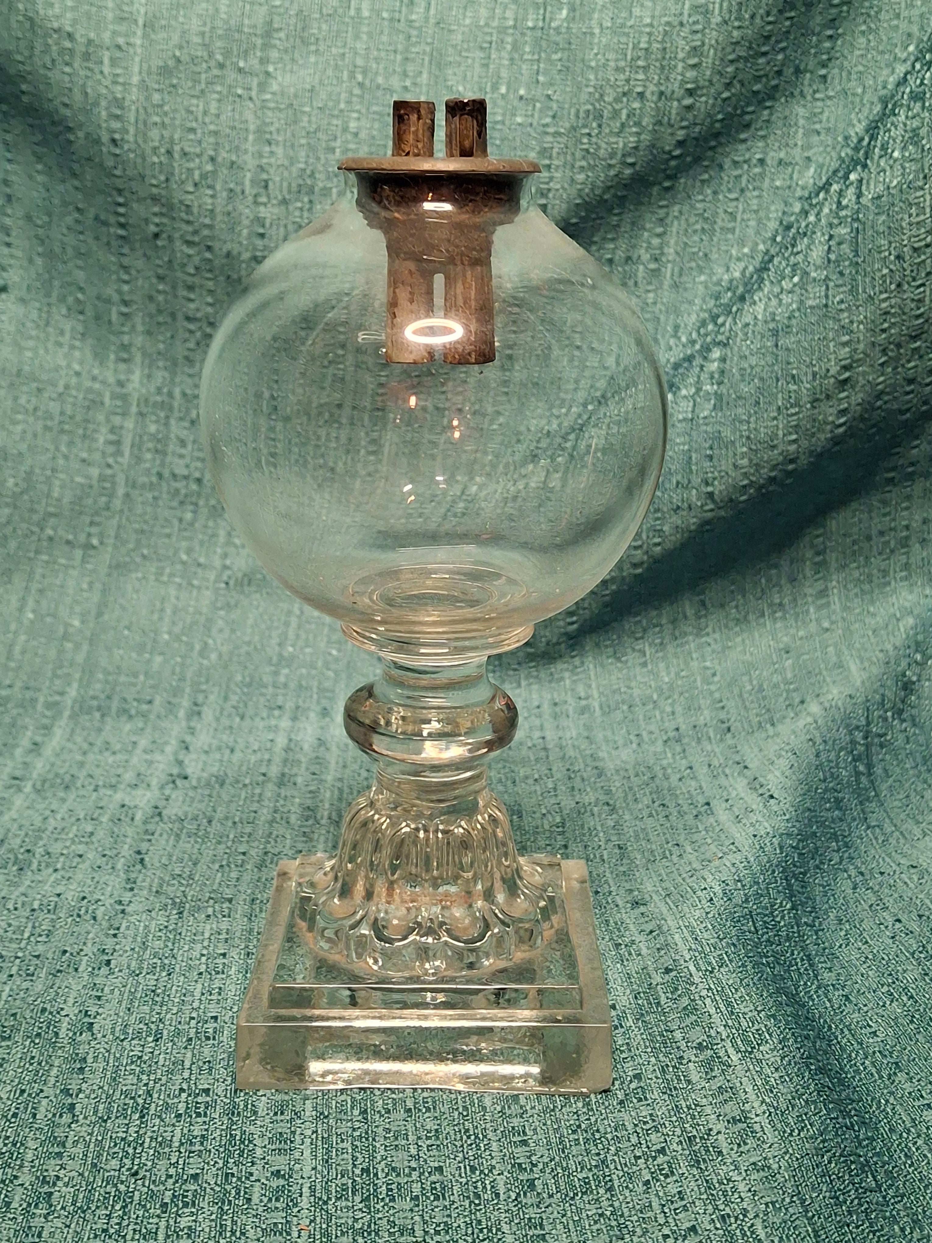 Antique Early 19th Century Double Whale Oil Lamp with Cork Burner - Round Blown Glass Font, Square Pressed Base, Circa 1800–1835