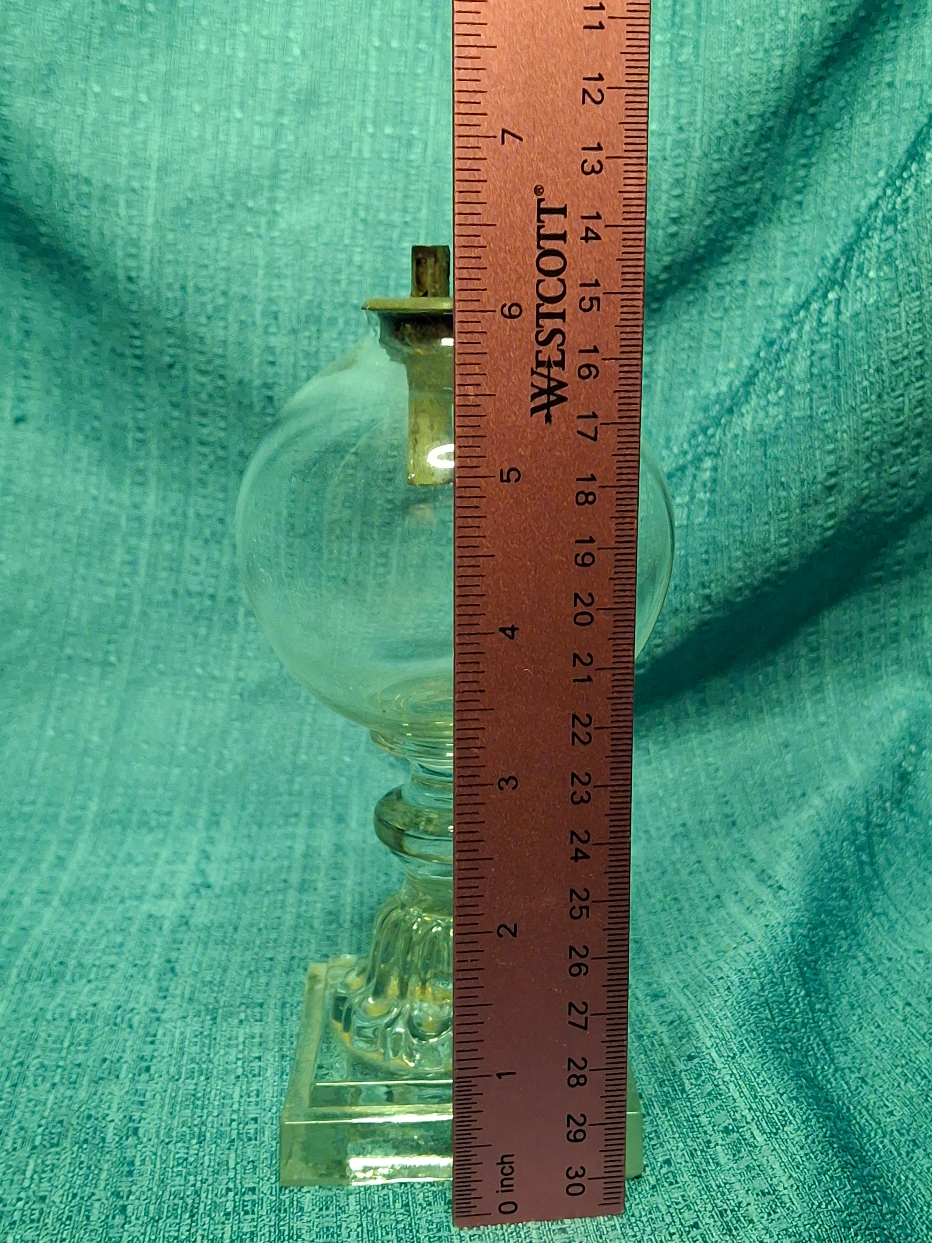 Antique Early 19th Century Double Whale Oil Lamp with Cork Burner - Round Blown Glass Font, Square Pressed Base, Circa 1800–1835