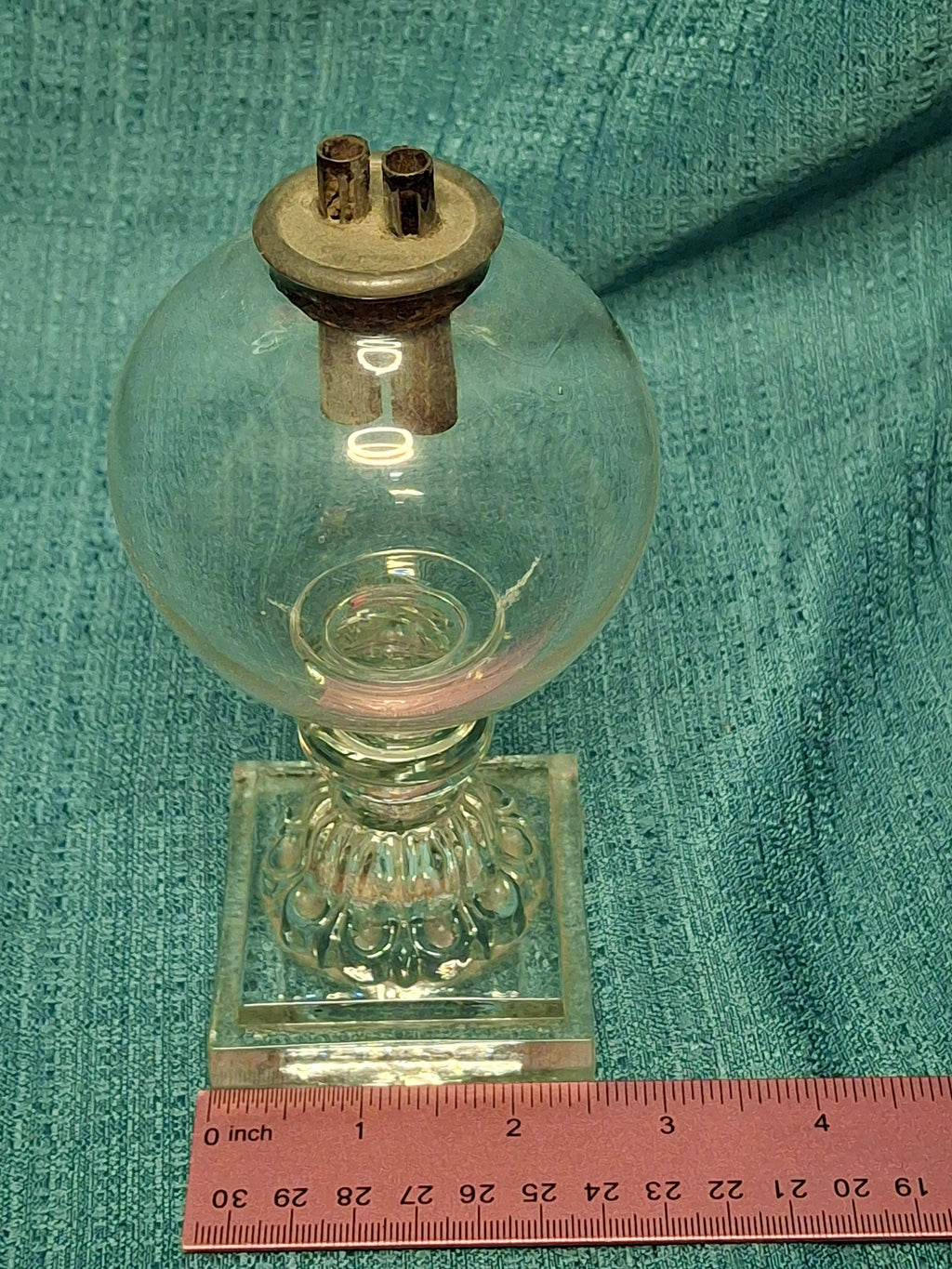Antique Early 19th Century Double Whale Oil Lamp with Cork Burner - Round Blown Glass Font, Square Pressed Base, Circa 1800–1835