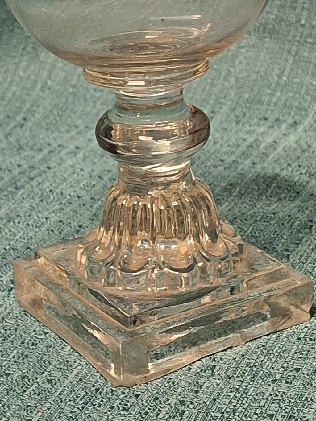 Antique Early 19th Century Double Whale Oil Lamp with Cork Burner - Round Blown Glass Font, Square Pressed Base, Circa 1800–1835