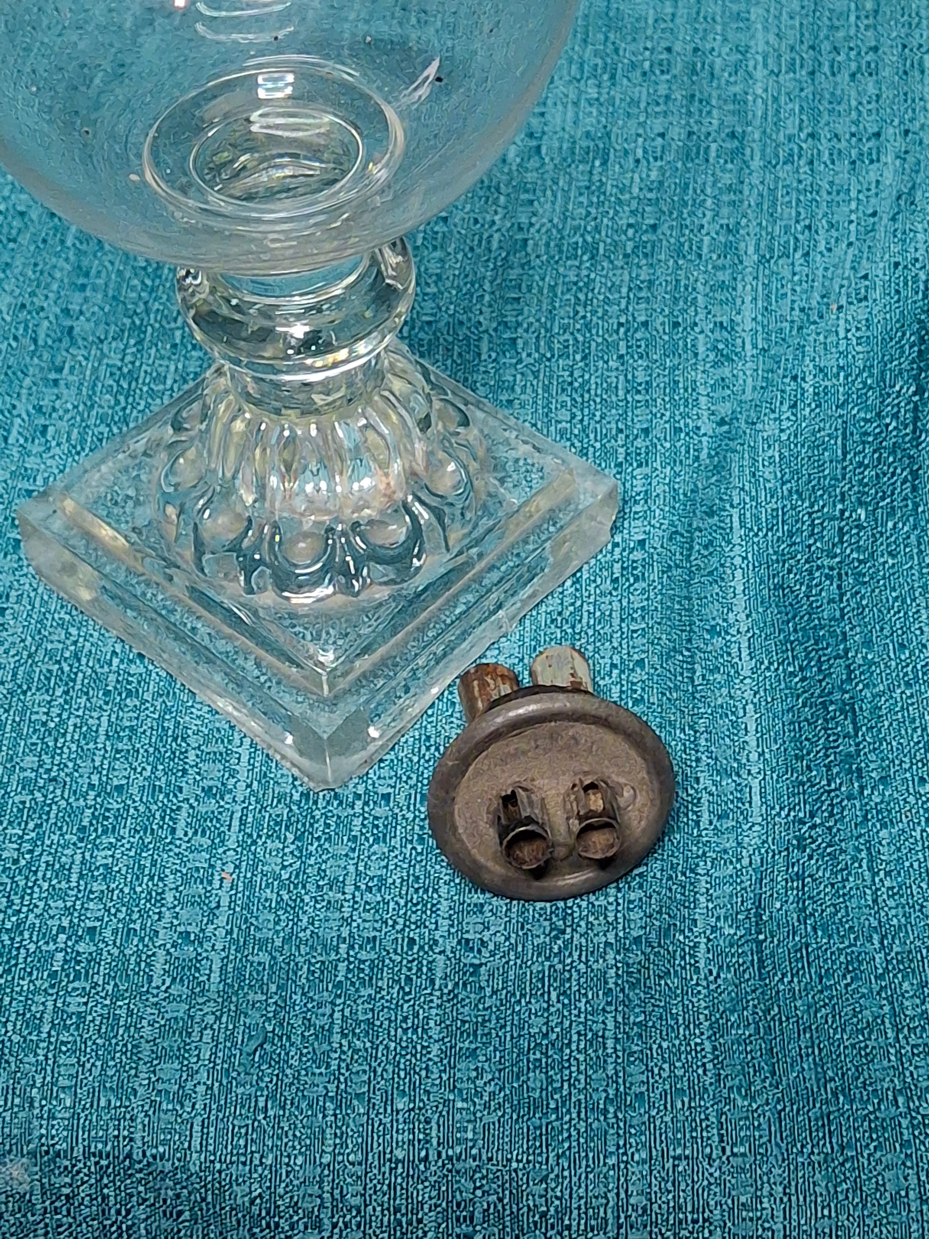 Antique Early 19th Century Double Whale Oil Lamp with Cork Burner - Round Blown Glass Font, Square Pressed Base, Circa 1800–1835