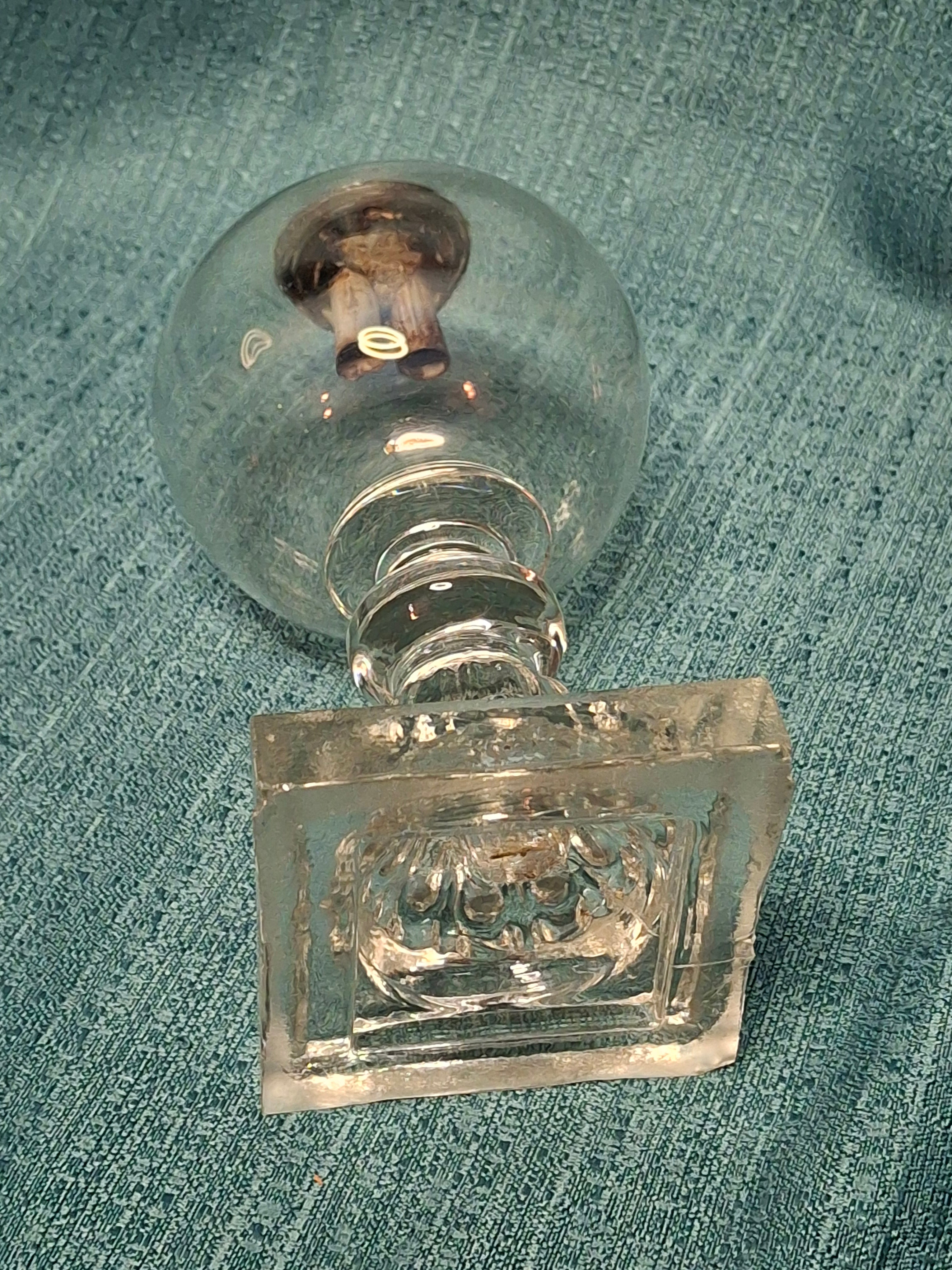 Antique Early 19th Century Double Whale Oil Lamp with Cork Burner - Round Blown Glass Font, Square Pressed Base, Circa 1800–1835