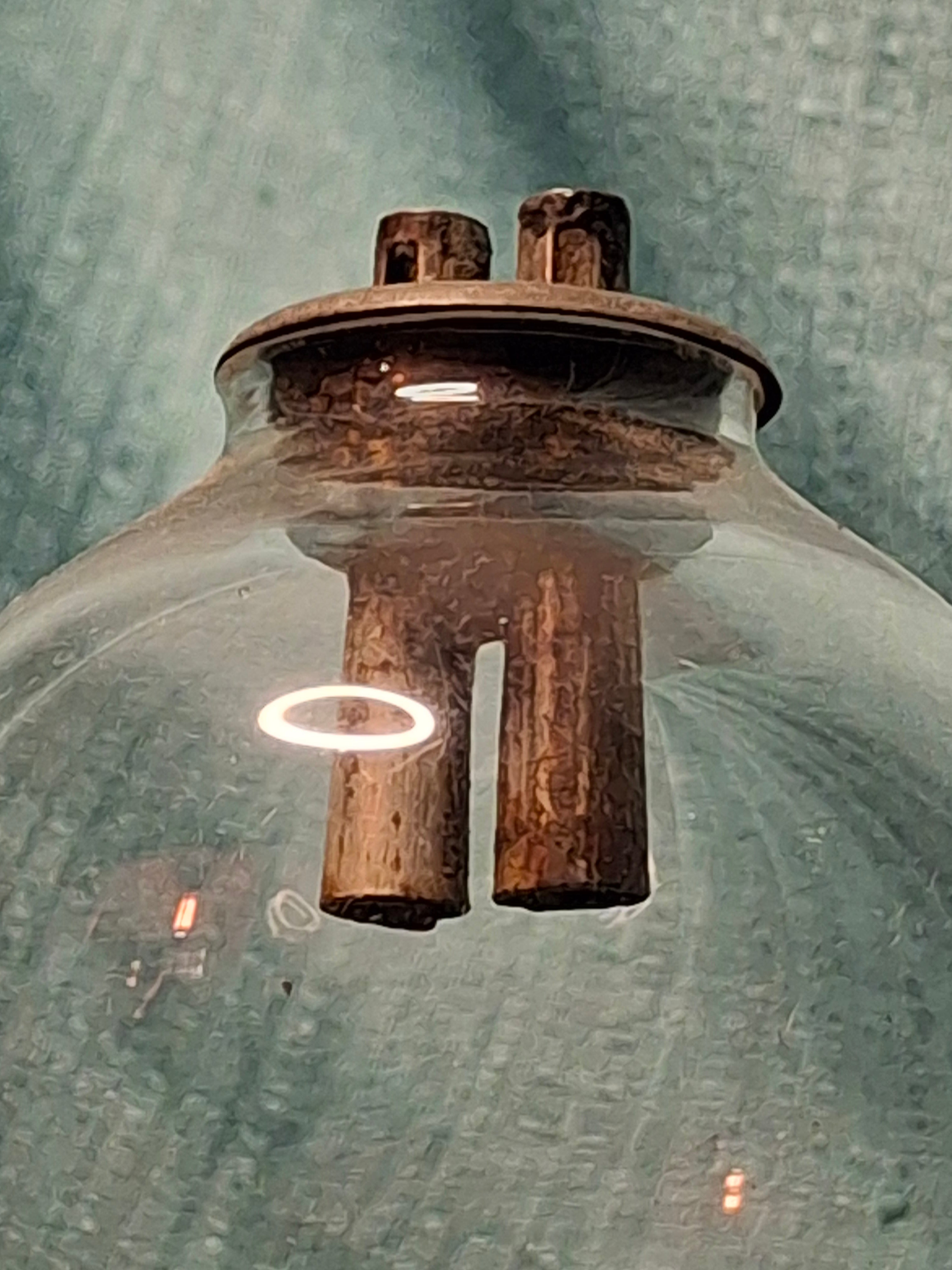 Antique Early 19th Century Double Whale Oil Lamp with Cork Burner - Round Blown Glass Font, Square Pressed Base, Circa 1800–1835
