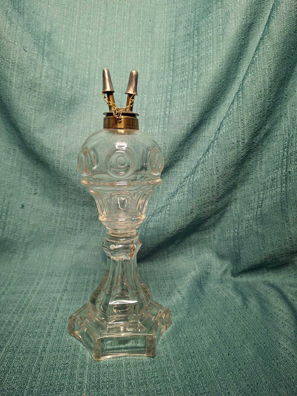 Antique 19th Century Double Fluid Burner Oil Lamp - Circa 1840s Brass & Clear Glass, Dual-Tube with Attached Snuff Caps