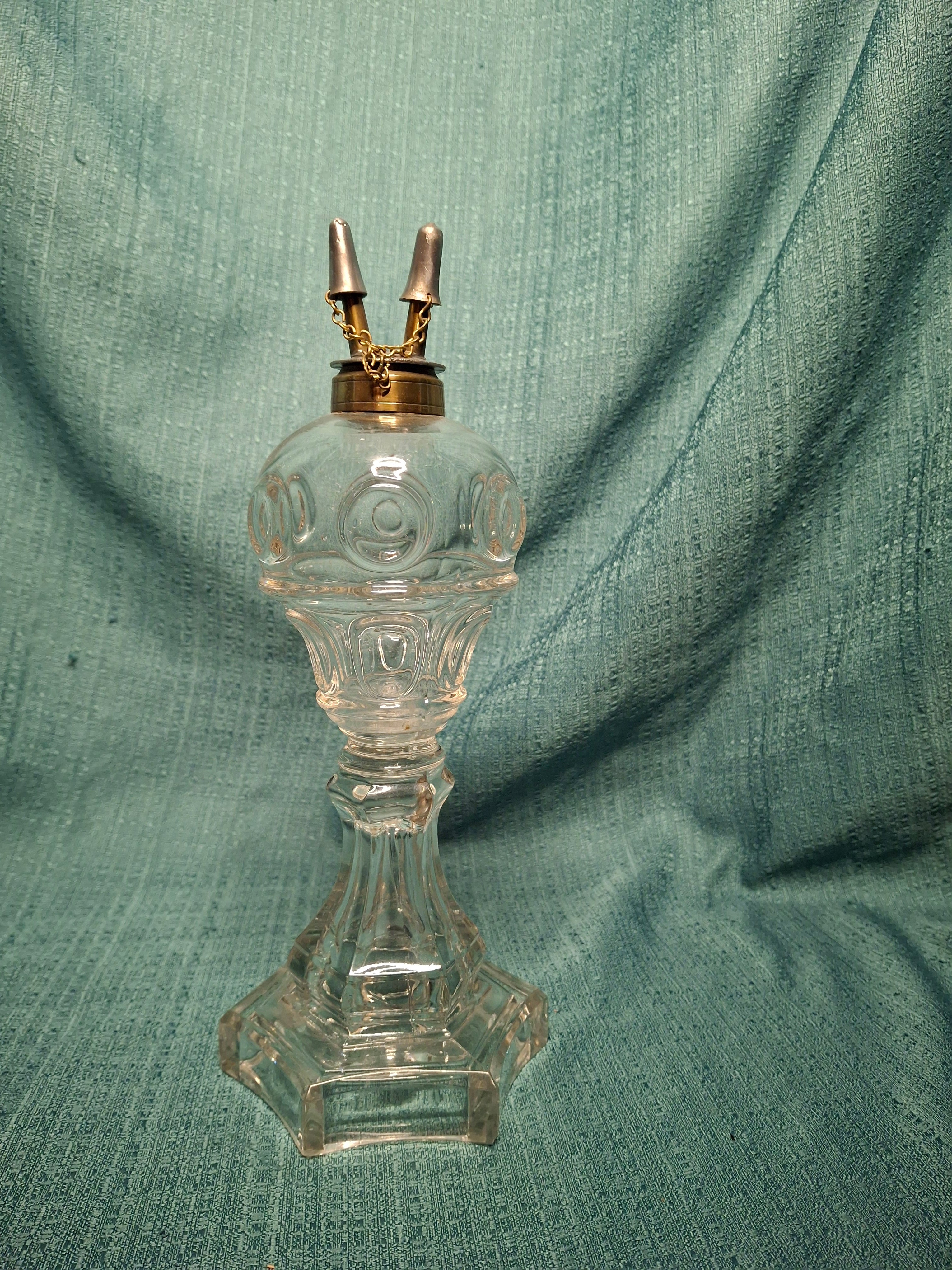 Antique 19th Century Double Fluid Burner Oil Lamp - Circa 1840s Brass & Clear Glass, Dual-Tube with Attached Snuff Caps