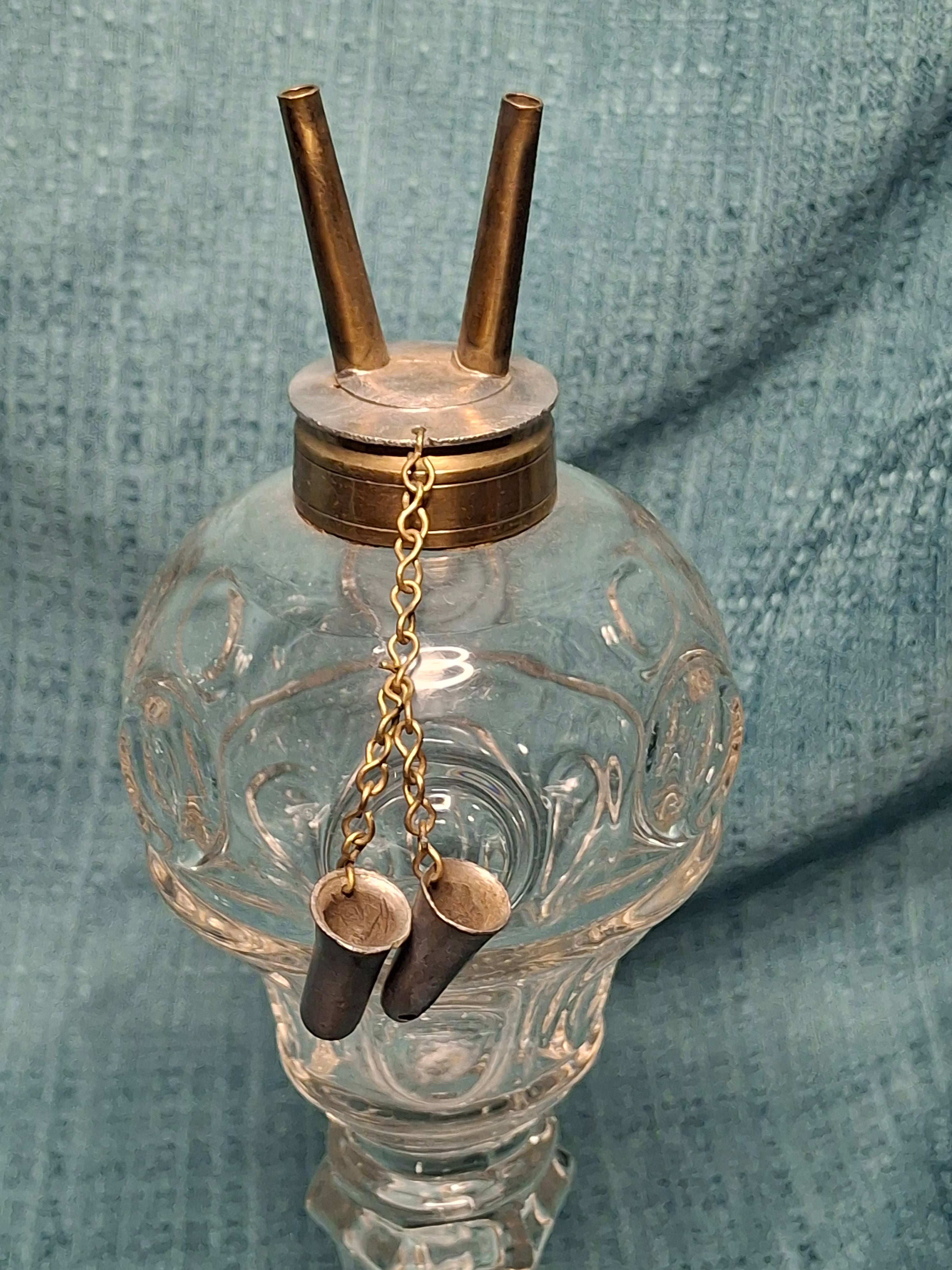 Antique 19th Century Double Fluid Burner Oil Lamp - Circa 1840s Brass & Clear Glass, Dual-Tube with Attached Snuff Caps