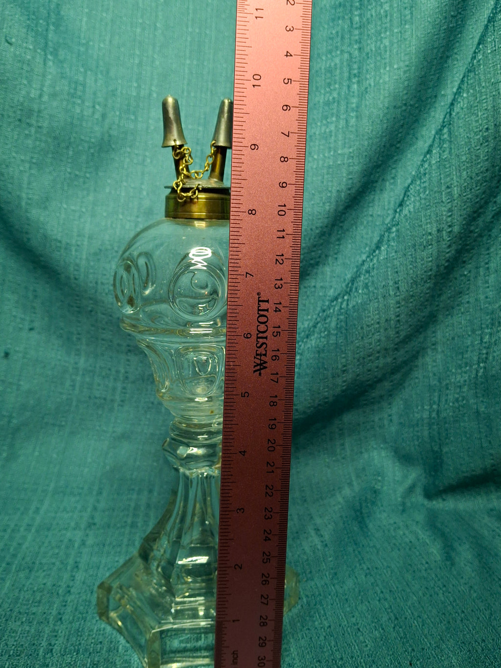 Antique 19th Century Double Fluid Burner Oil Lamp - Circa 1840s Brass & Clear Glass, Dual-Tube with Attached Snuff Caps