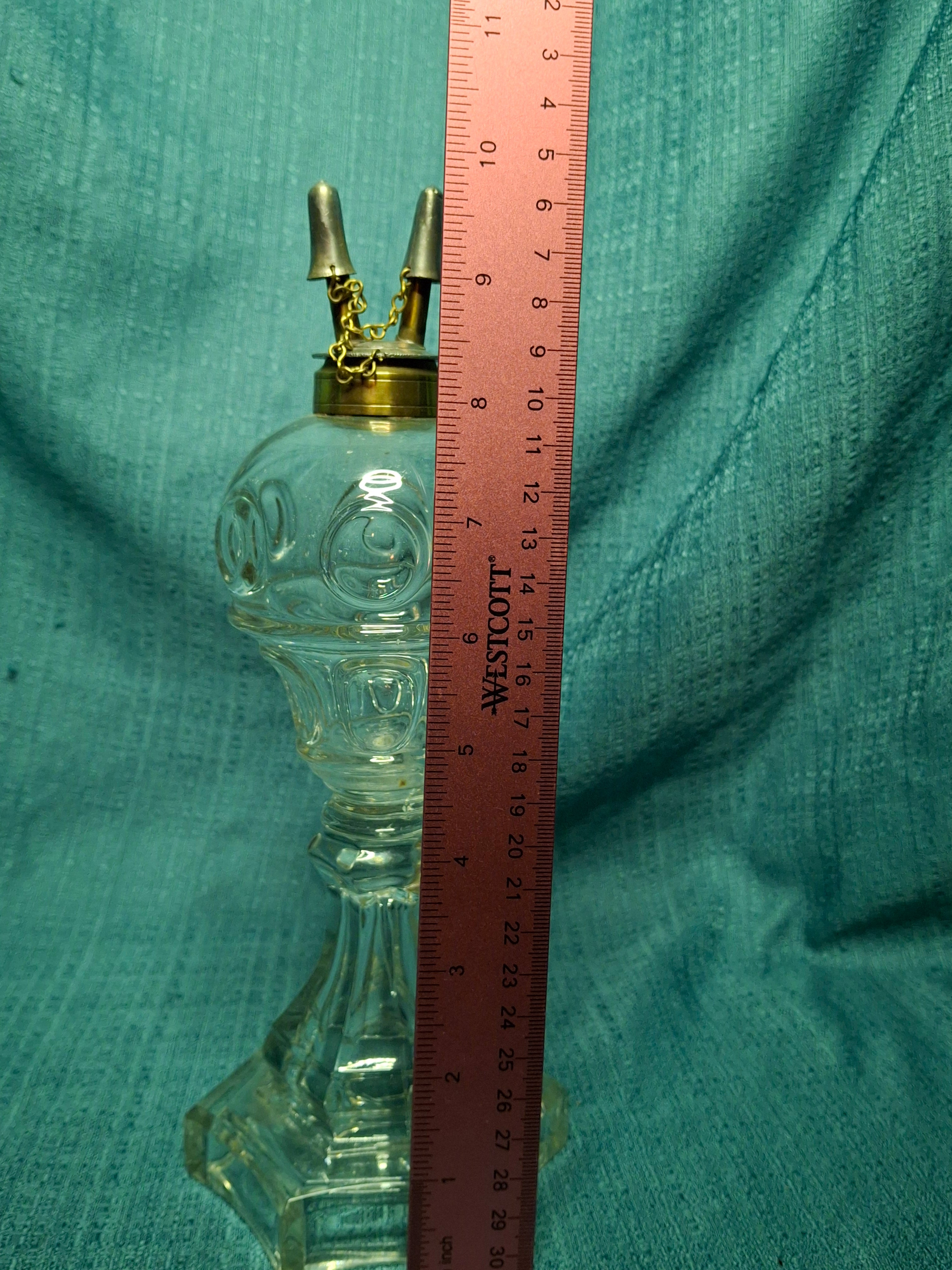 Antique 19th Century Double Fluid Burner Oil Lamp - Circa 1840s Brass & Clear Glass, Dual-Tube with Attached Snuff Caps