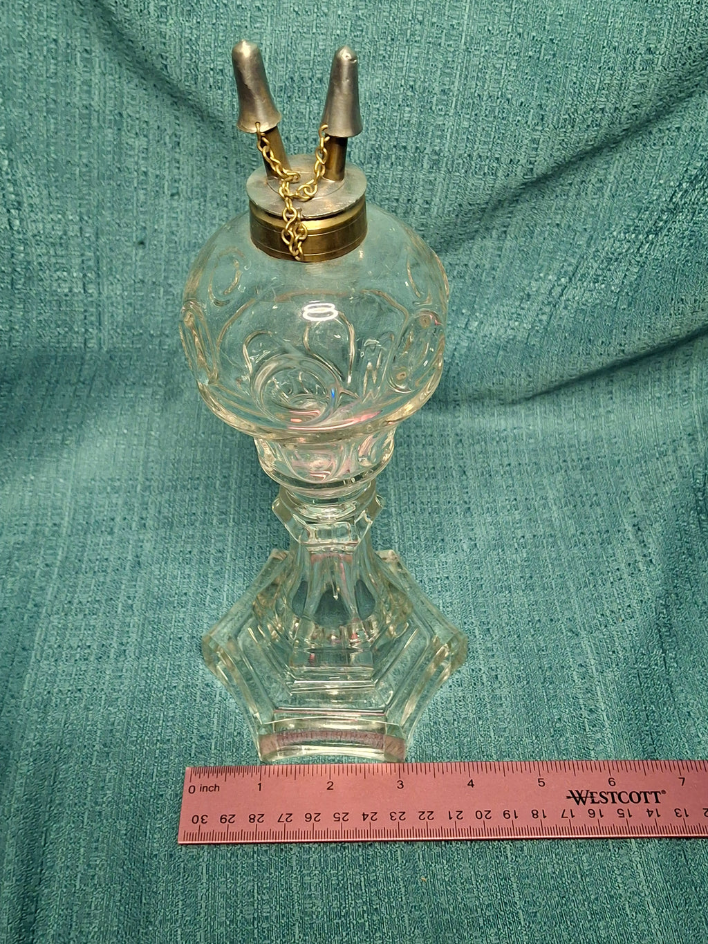 Antique 19th Century Double Fluid Burner Oil Lamp - Circa 1840s Brass & Clear Glass, Dual-Tube with Attached Snuff Caps