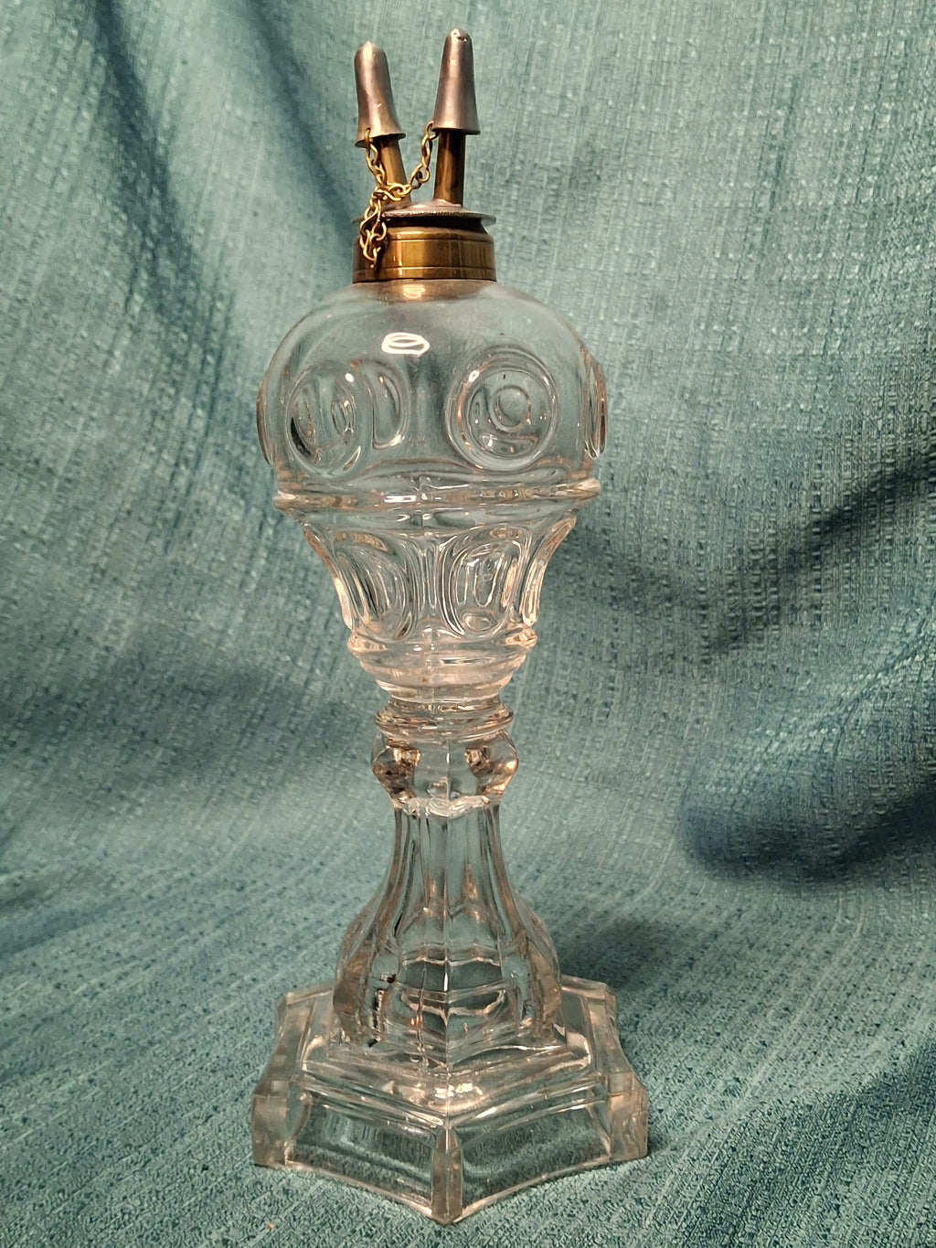 Antique 19th Century Double Fluid Burner Oil Lamp - Circa 1840s Brass & Clear Glass, Dual-Tube with Attached Snuff Caps