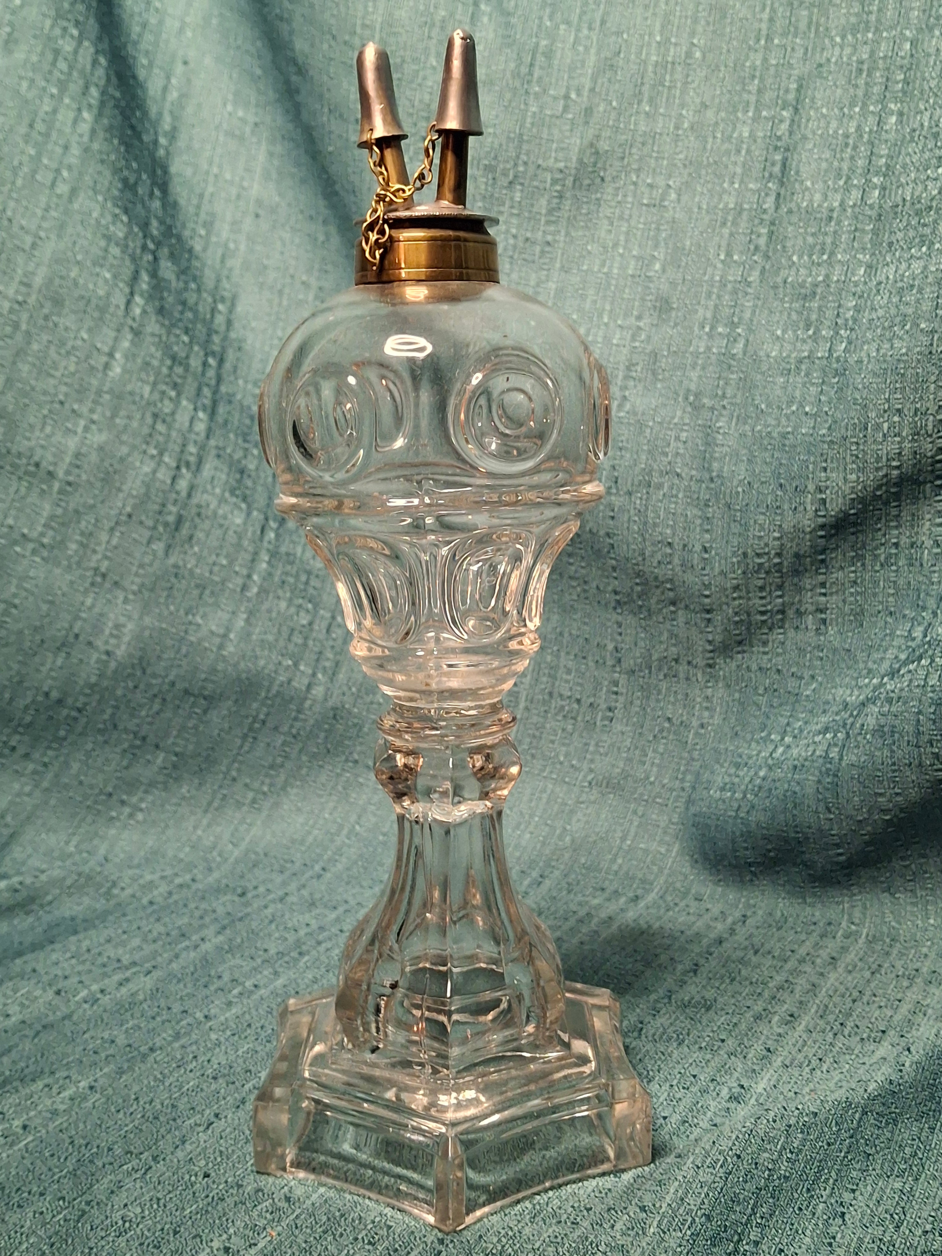 Antique 19th Century Double Fluid Burner Oil Lamp - Circa 1840s Brass & Clear Glass, Dual-Tube with Attached Snuff Caps