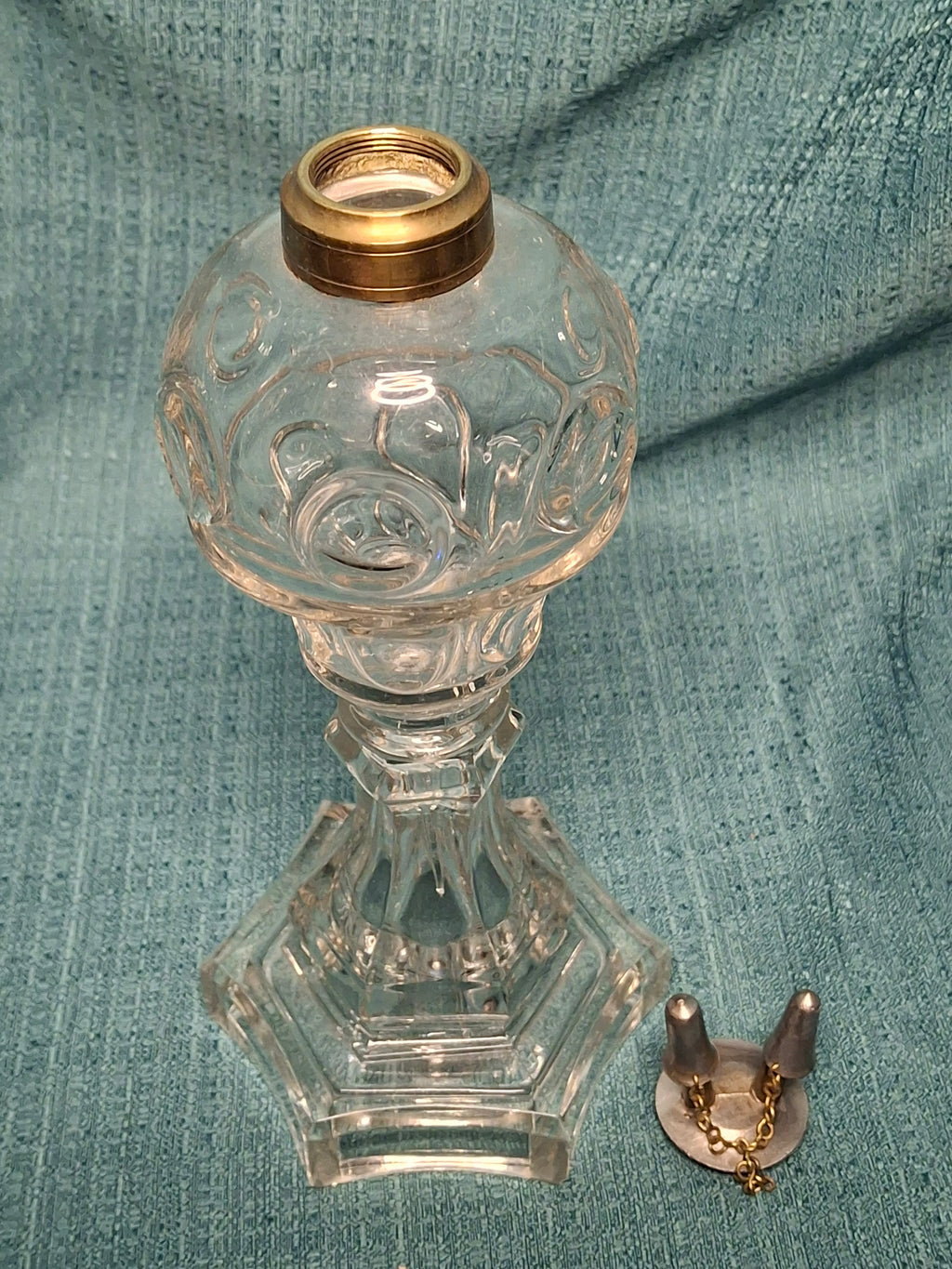 Antique 19th Century Double Fluid Burner Oil Lamp - Circa 1840s Brass & Clear Glass, Dual-Tube with Attached Snuff Caps