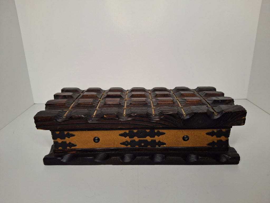 Vintage Spanish Hand-Carved Ornate Wooden Jewelry Box - Limited Edition - Brass Accents, Leather & Red Velvet