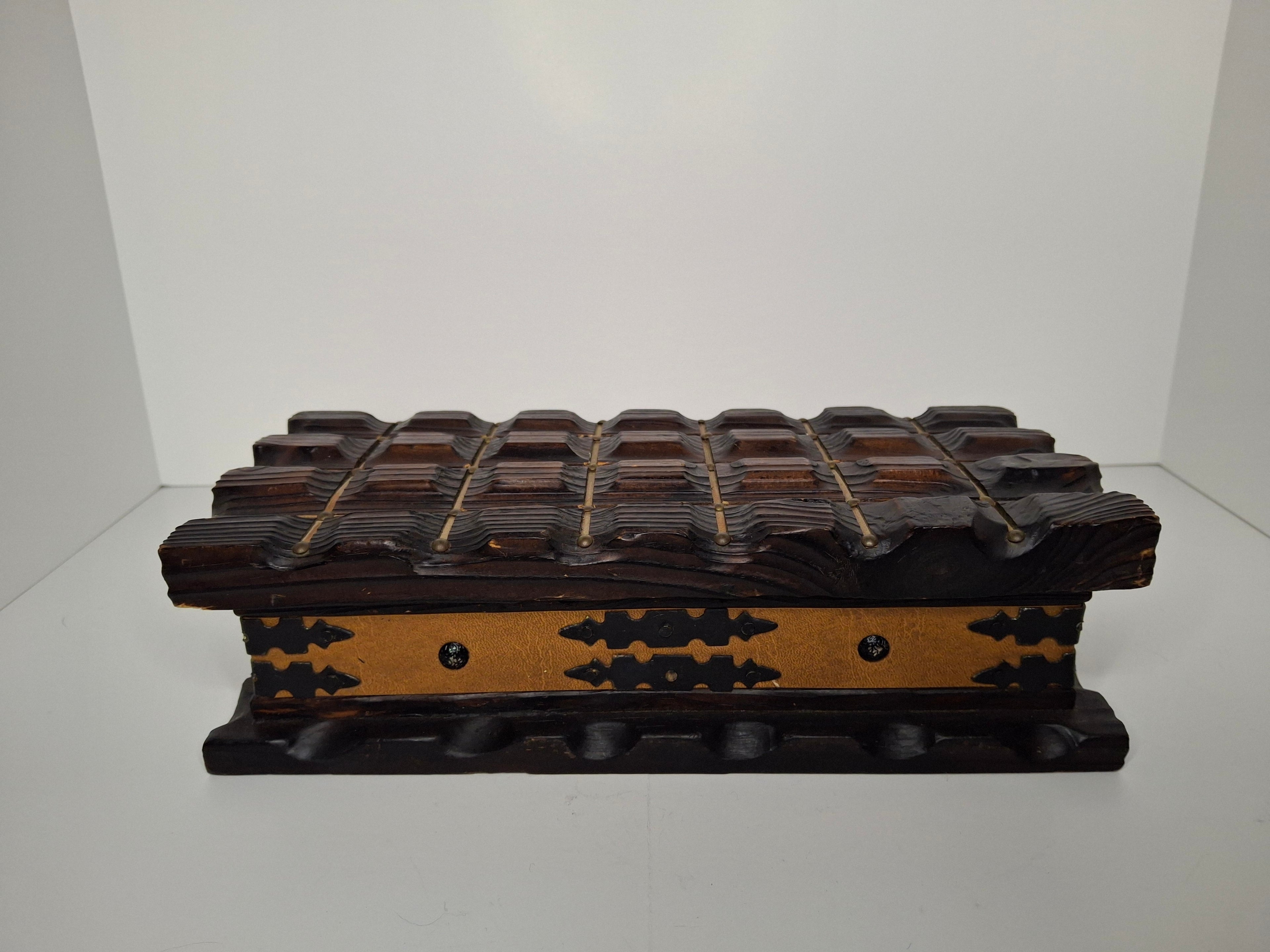 Vintage Spanish Hand-Carved Ornate Wooden Jewelry Box - Limited Edition - Brass Accents, Leather & Red Velvet